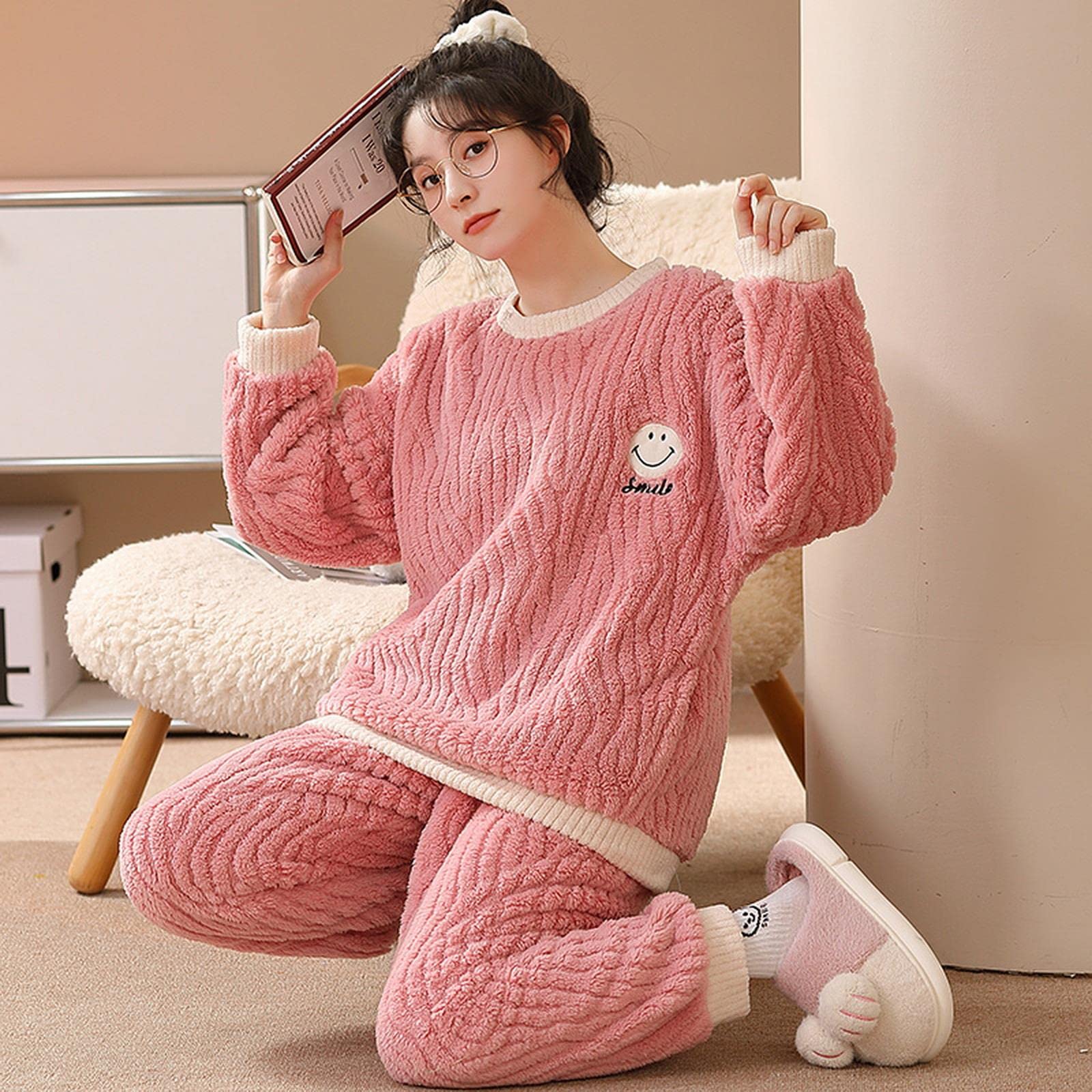 TOBILE Pijama de franela de invierno para mujer, conjunto de pijama de felpa jacquard cálido grueso para el hogar, pantalones de dos piezas, pijama 9904, M