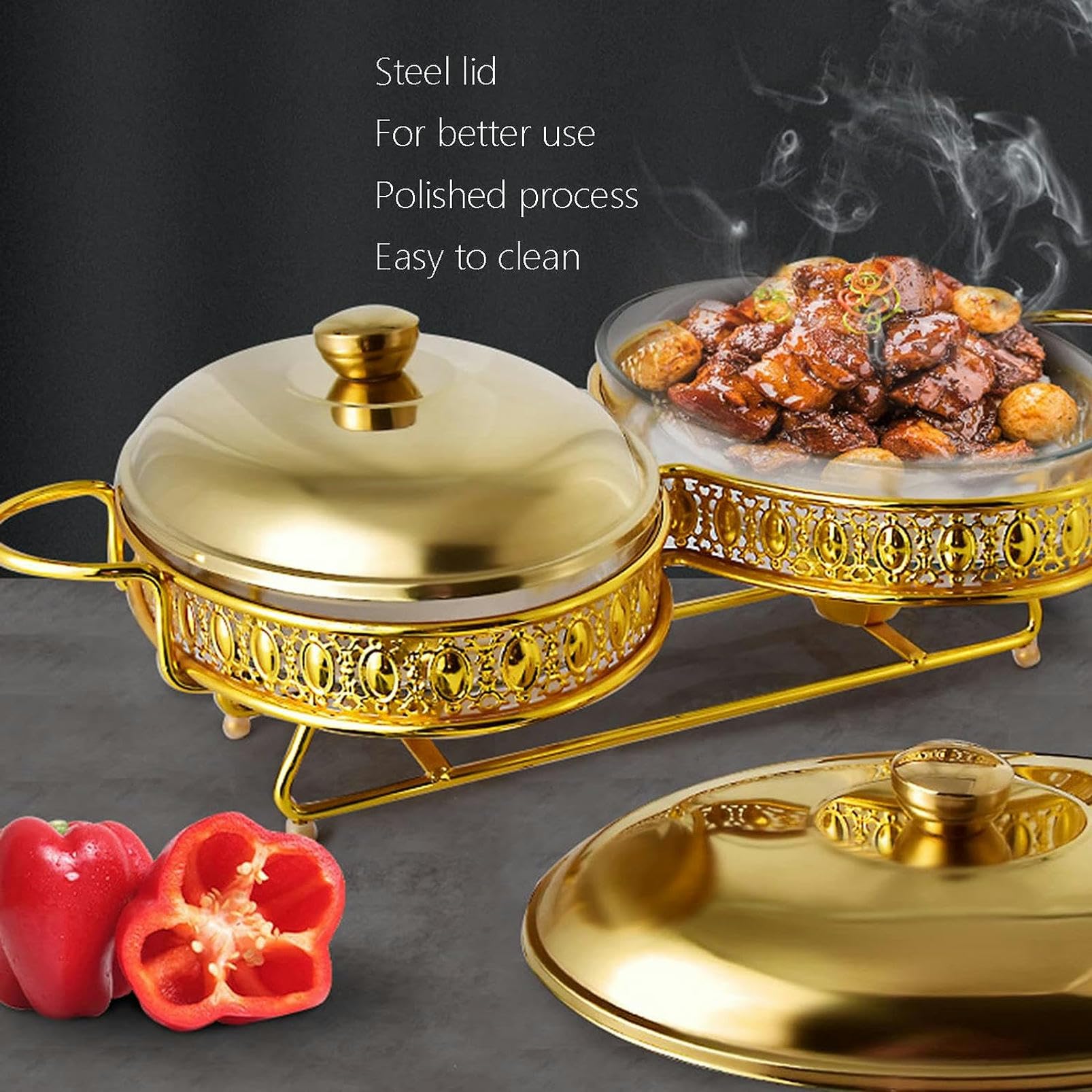 Scaldavivande - Servizio e riscaldatore per Buffet, bruciatore per Mantenere Il Cibo Caldo, Set per pentole Calde da Buffet con Coperchio in Vetro temperato, Set PE,Golden-2L