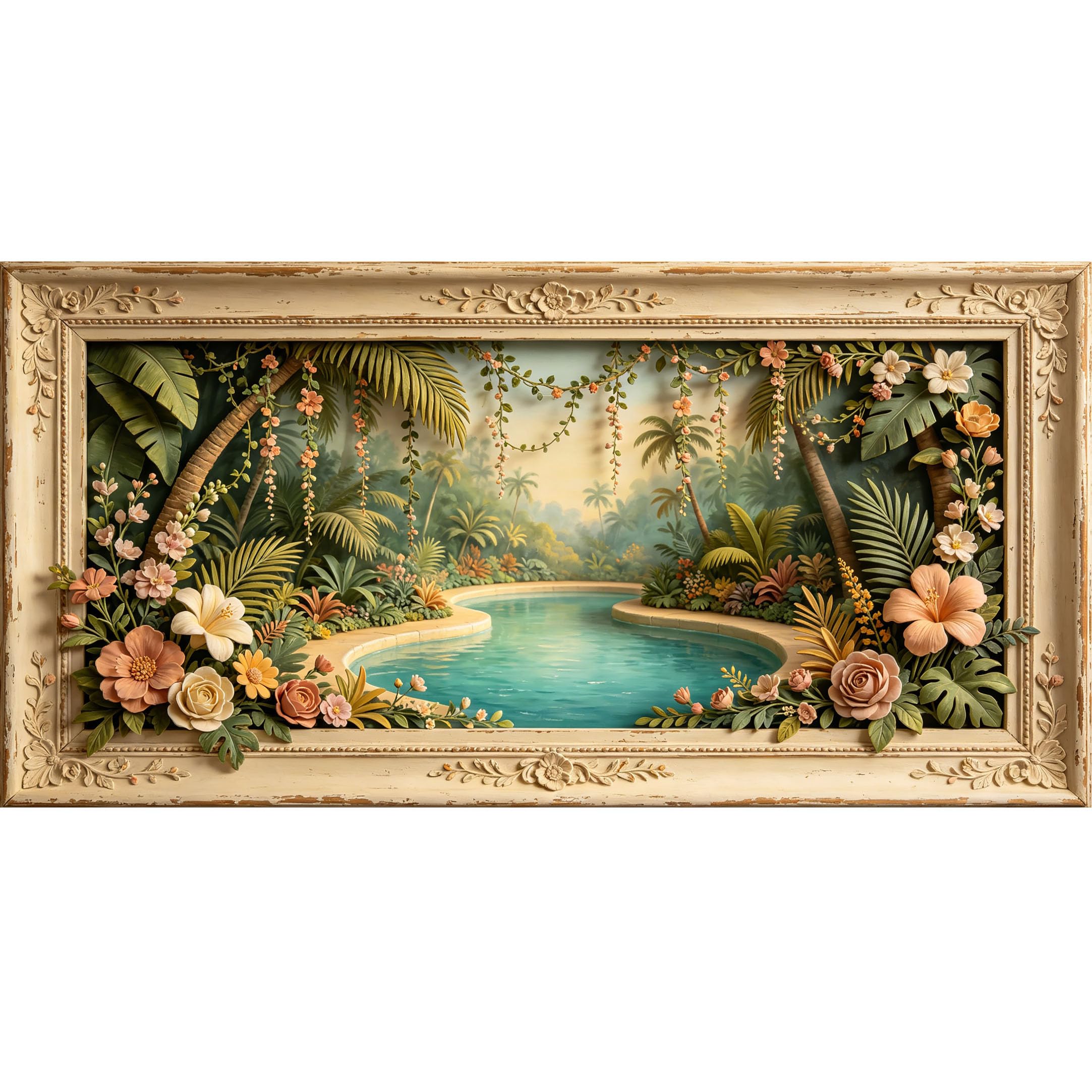 Agglomerix 3D Framed Wall Art Tropical Poolside Landscape Floral Botanical Relief Effect Large Size SelfAdhesive Removable Wall Decor Prints Artwork for Living Room Bedroom Office