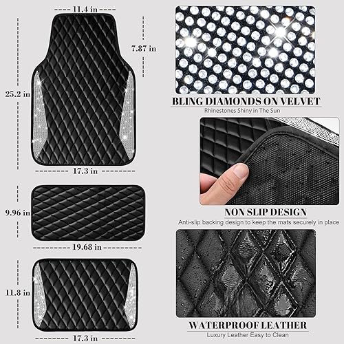 Miniatura 5 de CAR PASS Alfombrillas de cuero brillantes para automóvil, con diamantes brillantes, con diamantes de imitación y purpurina brillante,