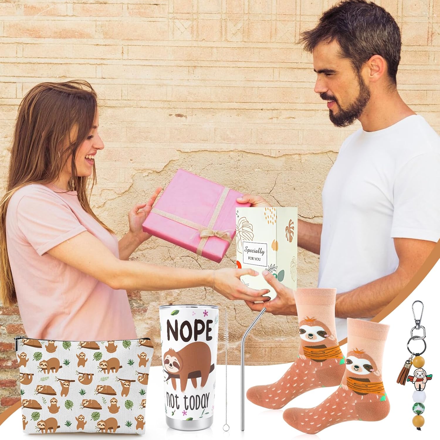 Keluna Sloth Gifts for Women Girls - 4Pcs Sloth Gifts Set 20oz Stainless Steel Tumbler with Lids Straw Cute Animal Makeup Bags Socks Keychain for SlothLovers Friends Birthday Christmas Presents - Image 7