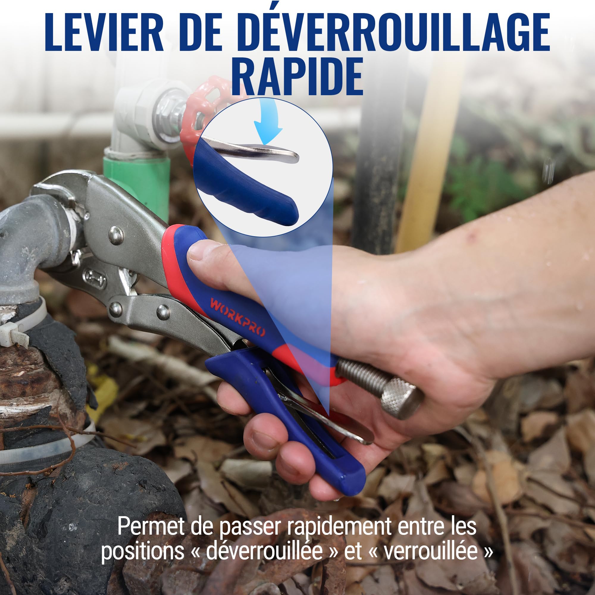WORKPRO Jeu de 3 Pinces-Étaux Autobloquantes, Pince-Étau à Bec Long 165 mm et Pinces-Étaux à Mâchoires Courbes 180 mm et 255 mm, Cr-V, Déverrouillage Rapide, Poignées Bi-matière Antidérapantes