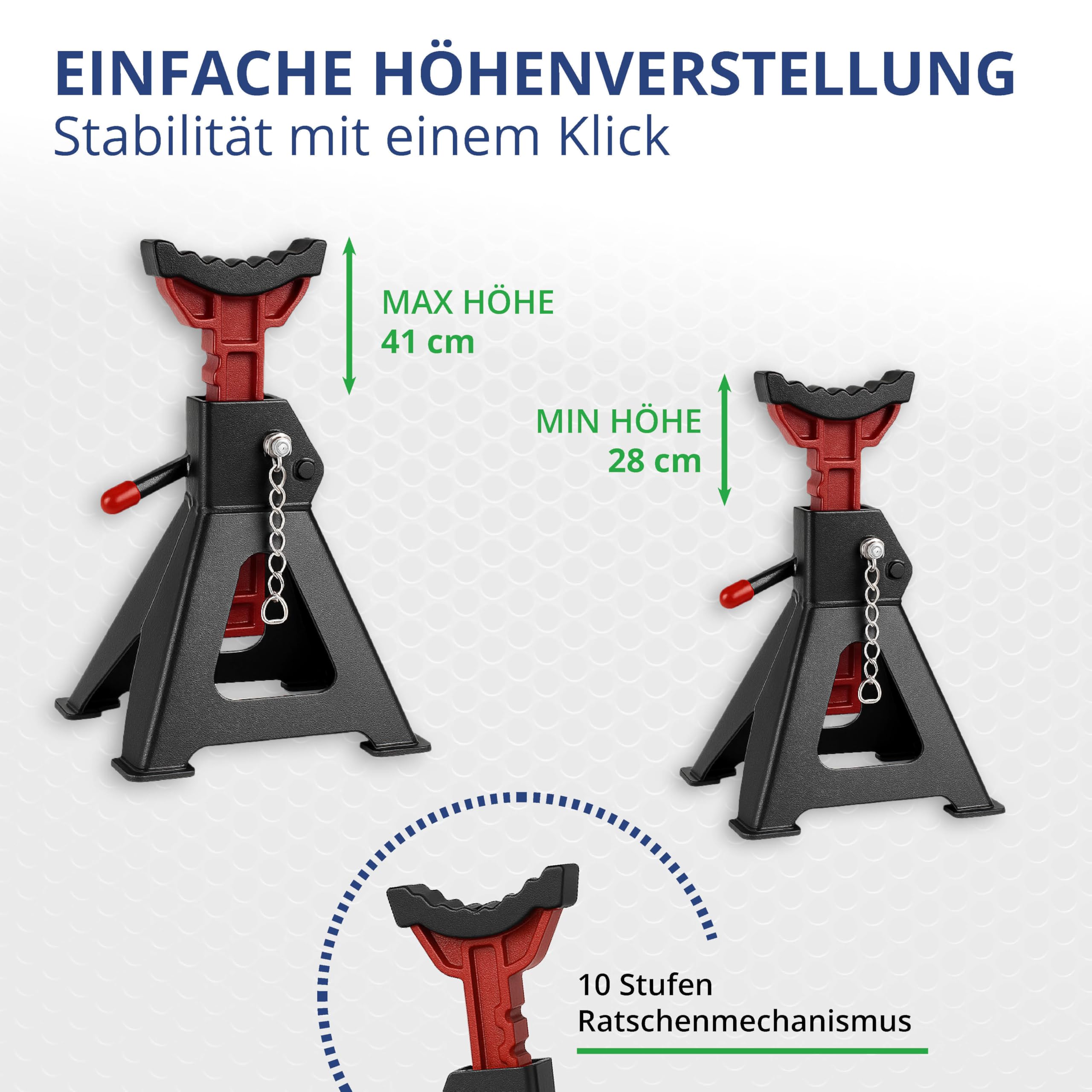 Stahlmann® Unterstellbock 3T Tragkraft im 2er Set – Höhenverstellbar 28–42,5 cm mit Sicherungssplint – Robuste Gusseisen Wagenheber Stützböcke für PKW, SUV & Kleintransporter (4 Stück / 6 Tonnen)