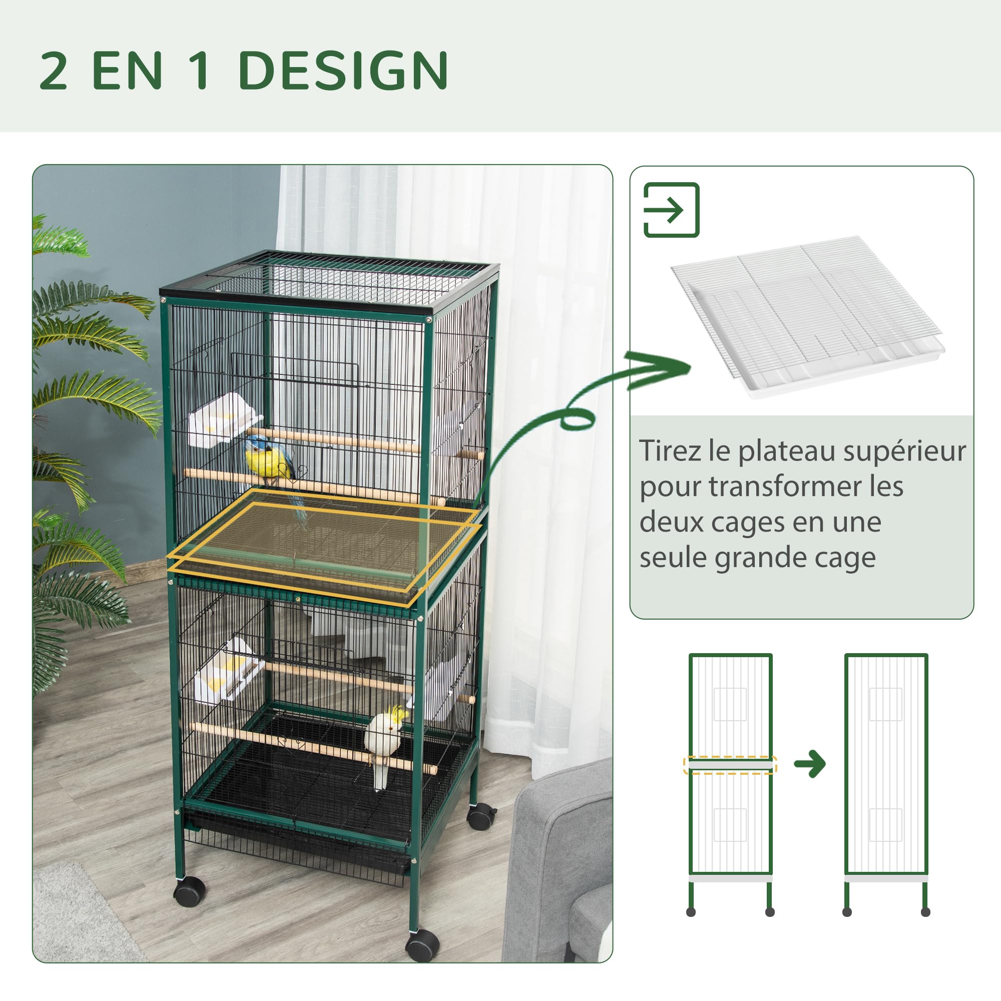 PawHut Duża klatka dla ptaków stojących - woliera podwójna z karmnikami okoni wyjmowana taca - kółka - 51,5 x 50 x 140 cm zielona czarna