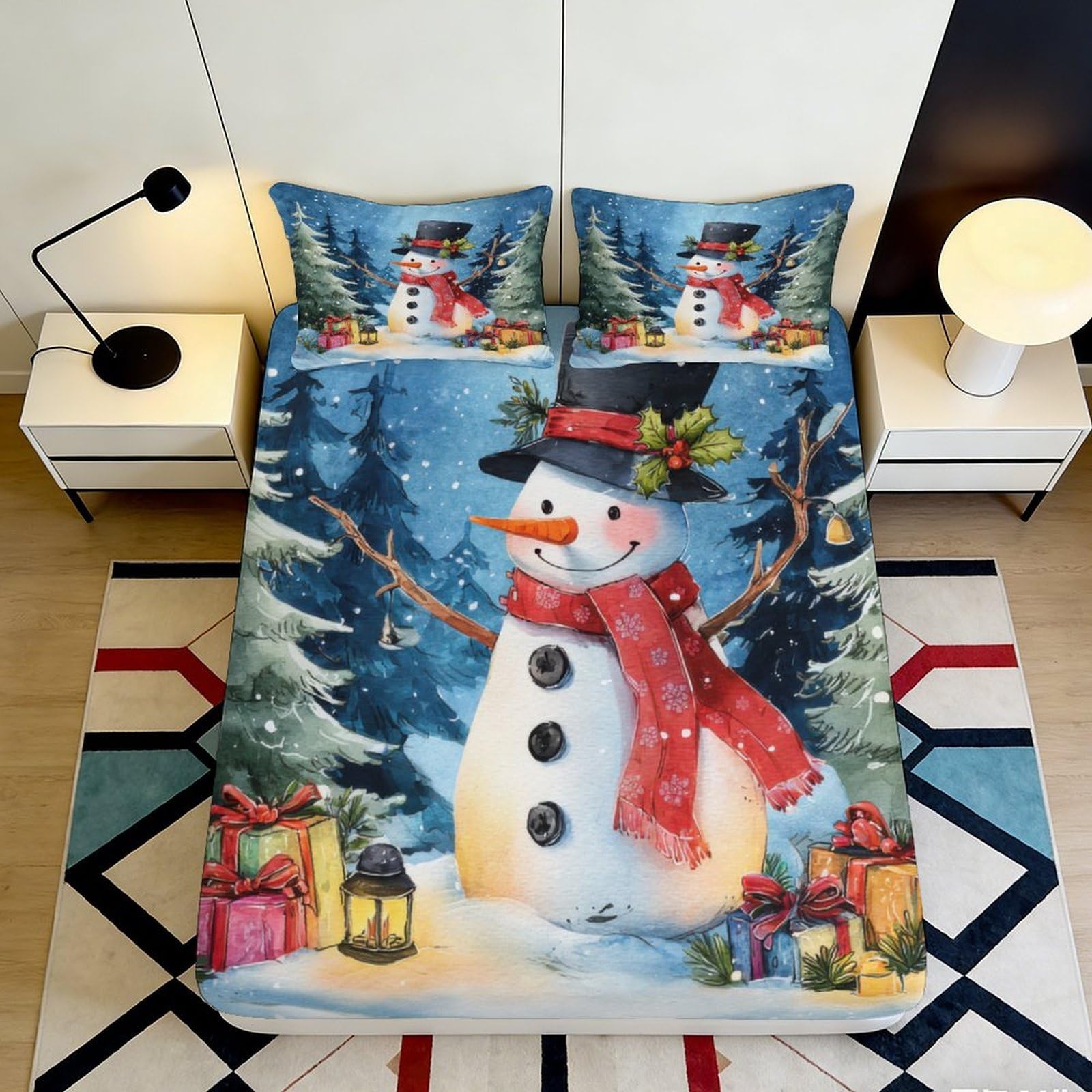3D Printed Snowman Christmas Fitted Sheet Microfiber Soft Winter Forest Bed Cover for Bedroom Guest Room Decor 90x200x25cm