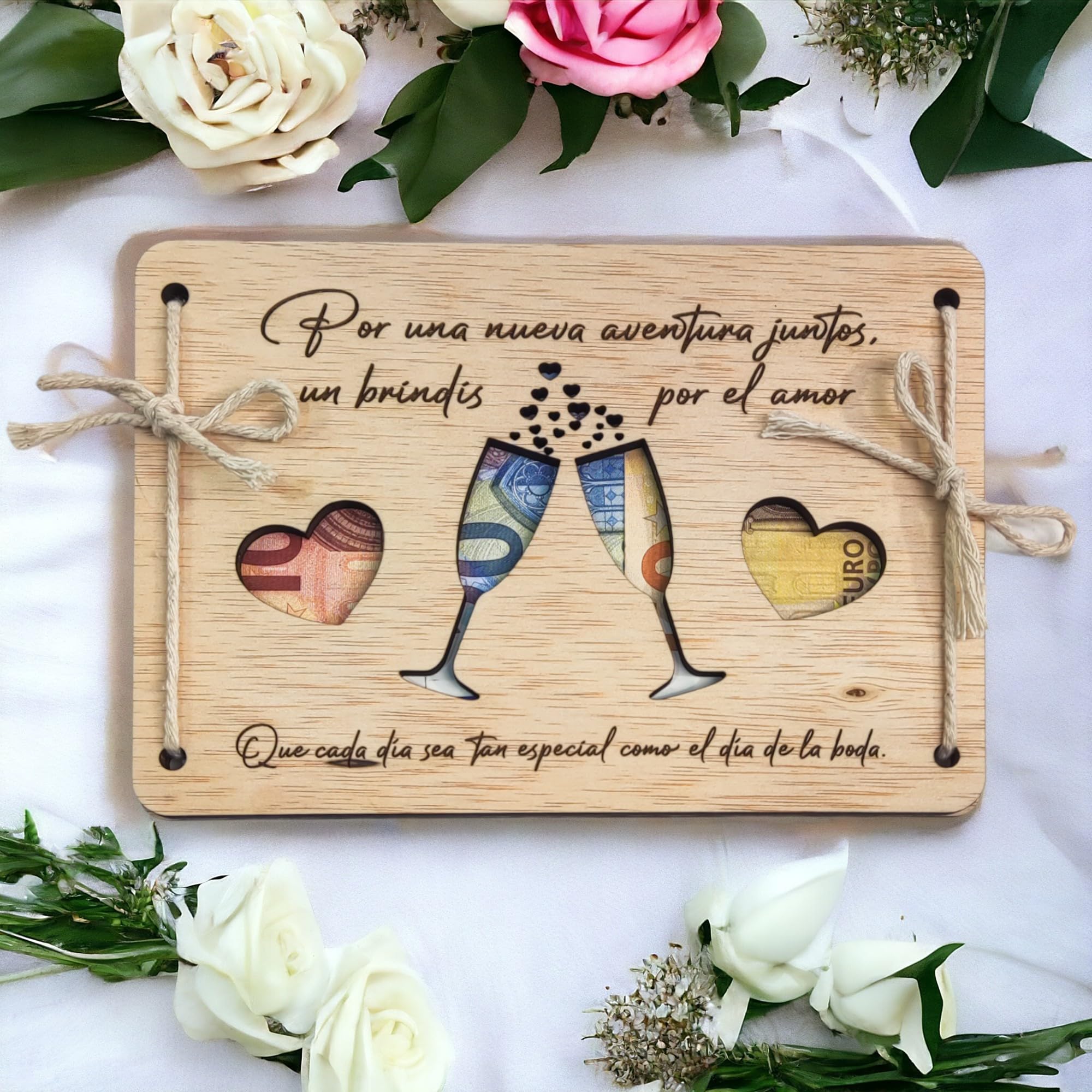 Coffret Cadeau En Bois Pour Argent - Porte-billets Mariage Avec Cœur, Dimensions 16x11cm