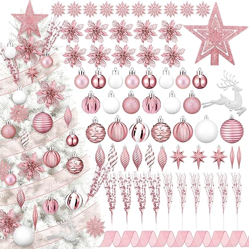 118 Pcs Christmas Tree Ornaments Set Including Ornaments Balls, Hanging Snowflakes Icicle, Mesh Ribbon, Tree Top Star, Flower, Berries Stems for Xmas Trees Holiday Decor(Pink)