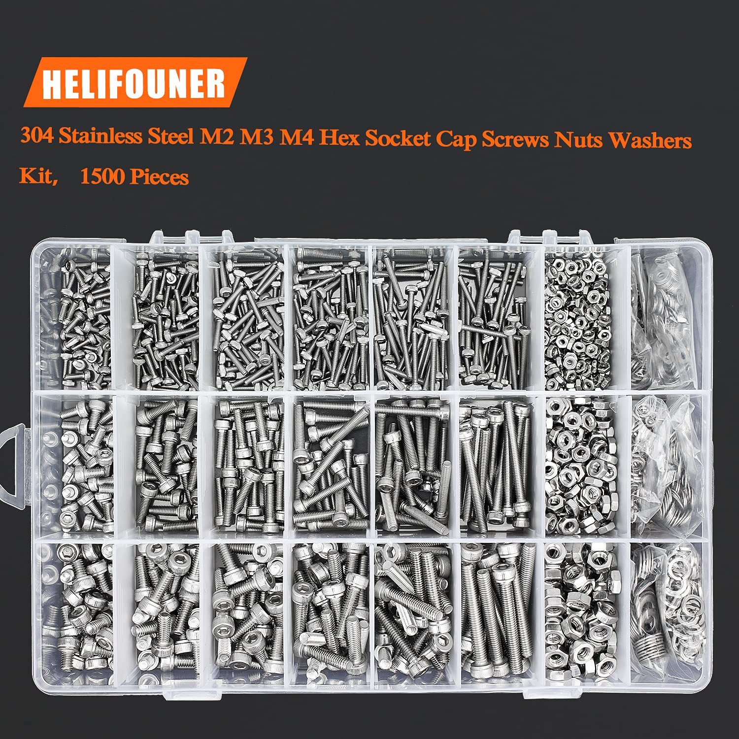 HELIFOUNER 1500 piezas M2 M3 M4, 304 de acero inoxidable, tornillos métricos, tornillos, arandelas, tuercas, kit surtido de herramientas con llaves hexagonales