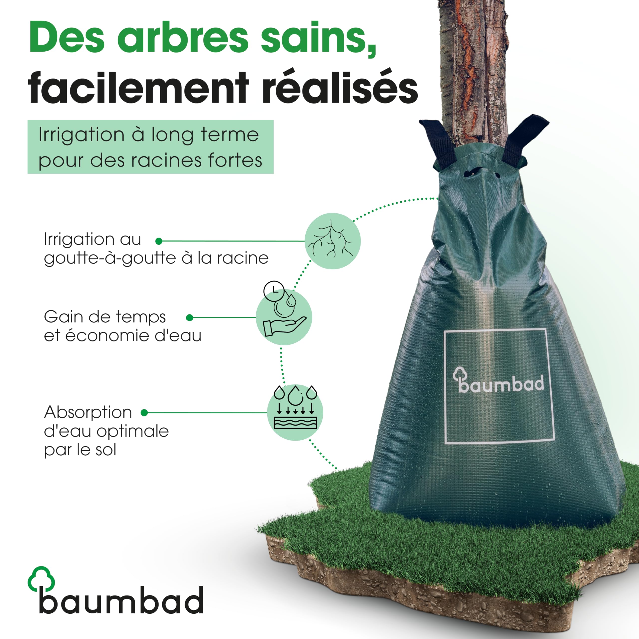 baumbad | 1 sac d'irrigation pour arbres pour un système d'irrigation à long terme | Sac à eau robuste de 75 litres/sac d'irrigation, en PVC résistant aux UV, support de plantes pour les étés chauds