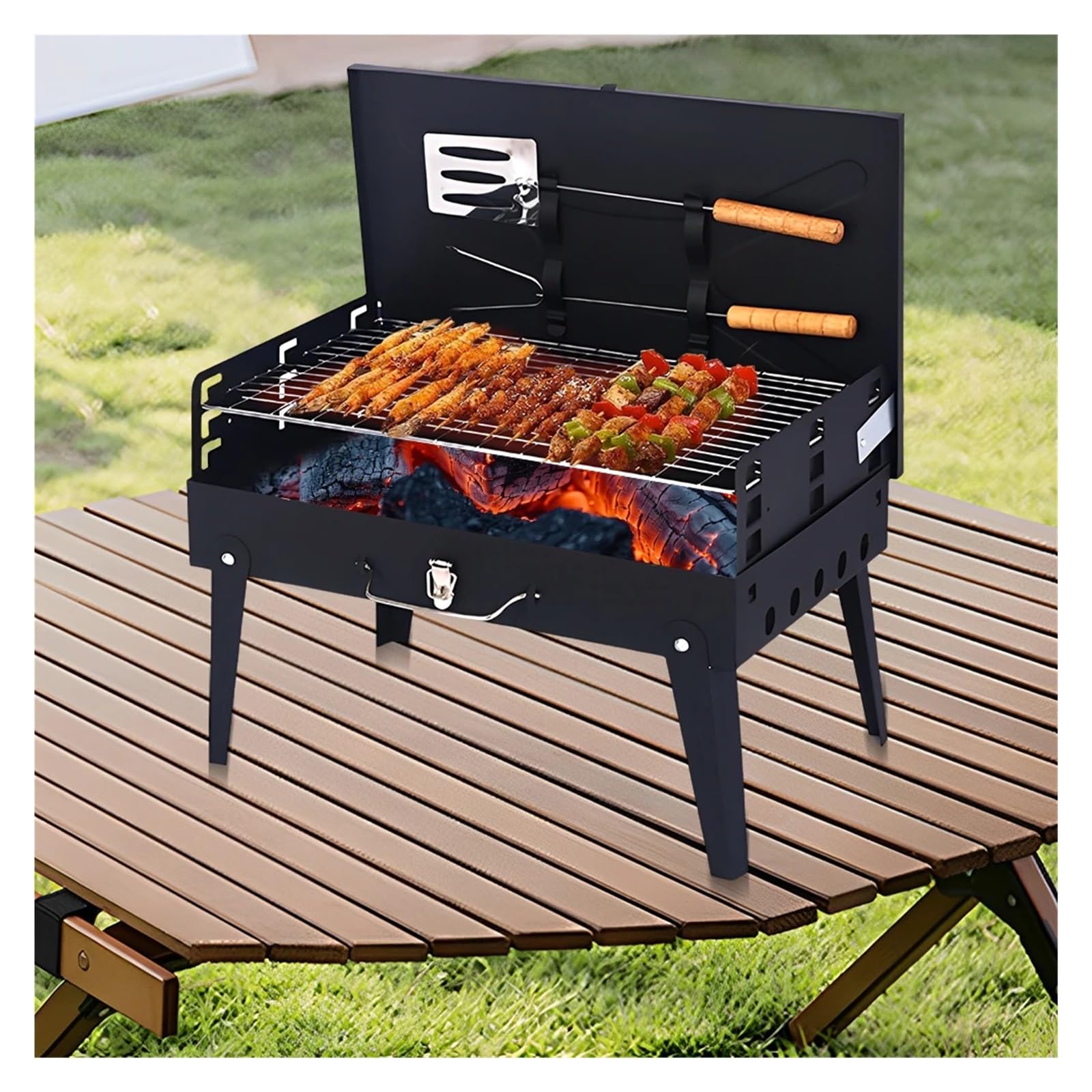 Przenośny wielofunkcyjny grill ze stali nierdzewnej – składany mini wędzarnia na imprezy na plaży i ogrodzie, idealne narzędzie do gotowania na świeżym powietrzu.