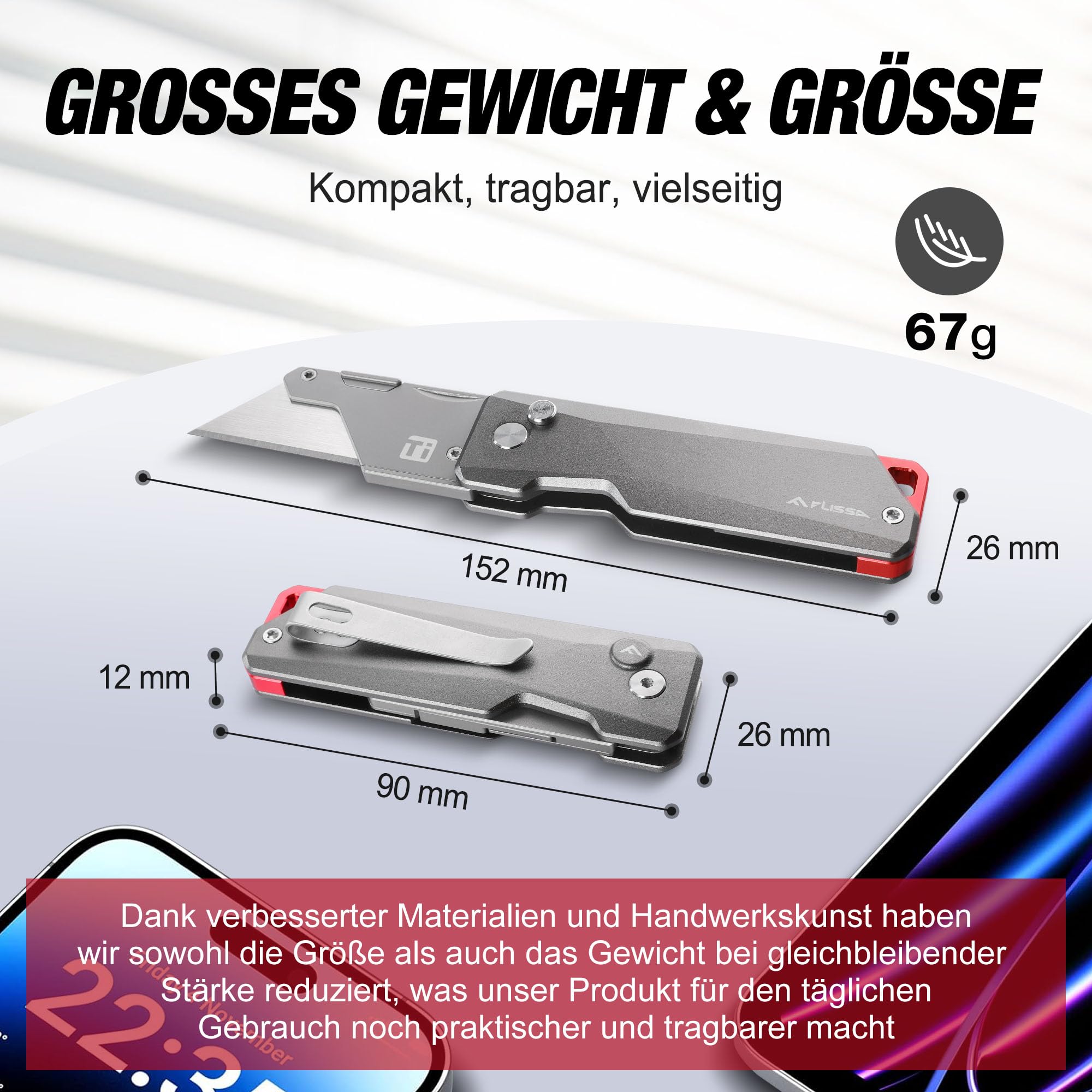 FLISSA Klappmesser Teppichmesser, Titan CNC-gefrästes Universalmesser, Cuttermesser mit Schnellwechselklinge, Ideale Geschenke für Männer und Frauen, mit extra 10 Klingen