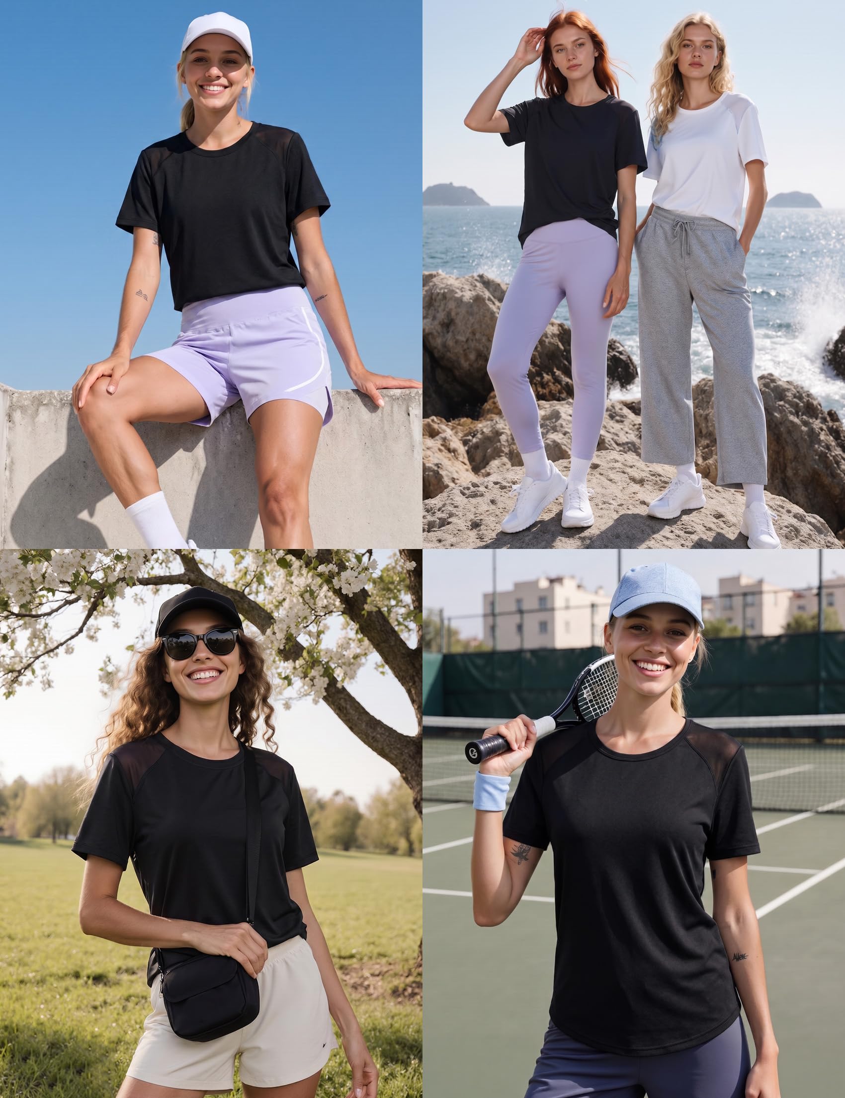 Camiseta Deportiva Mujer Manga Corta Cuello Redondo Camisetas Deporte Malla Trasera Secado Rápido y Transpirable Fitness Yoga Top