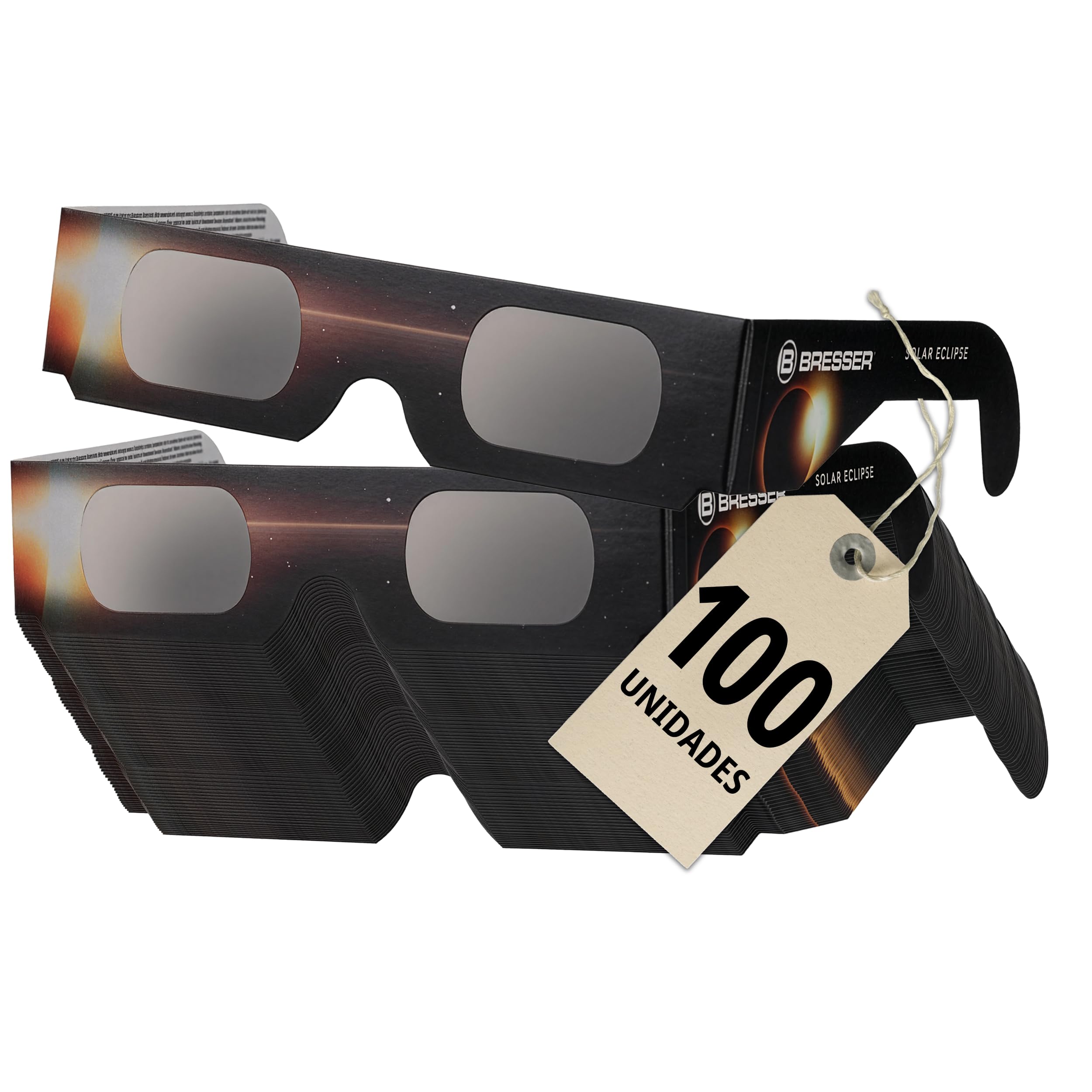 Bresser Gafas Eclipse Solar homologadas CE ISO 12312-2 pack 100 Diseño B | Absolutamente seguras, listas para los eclipses solares 2026, 2027, 2028, lámina astrosolar, imagen solar amarilla natural