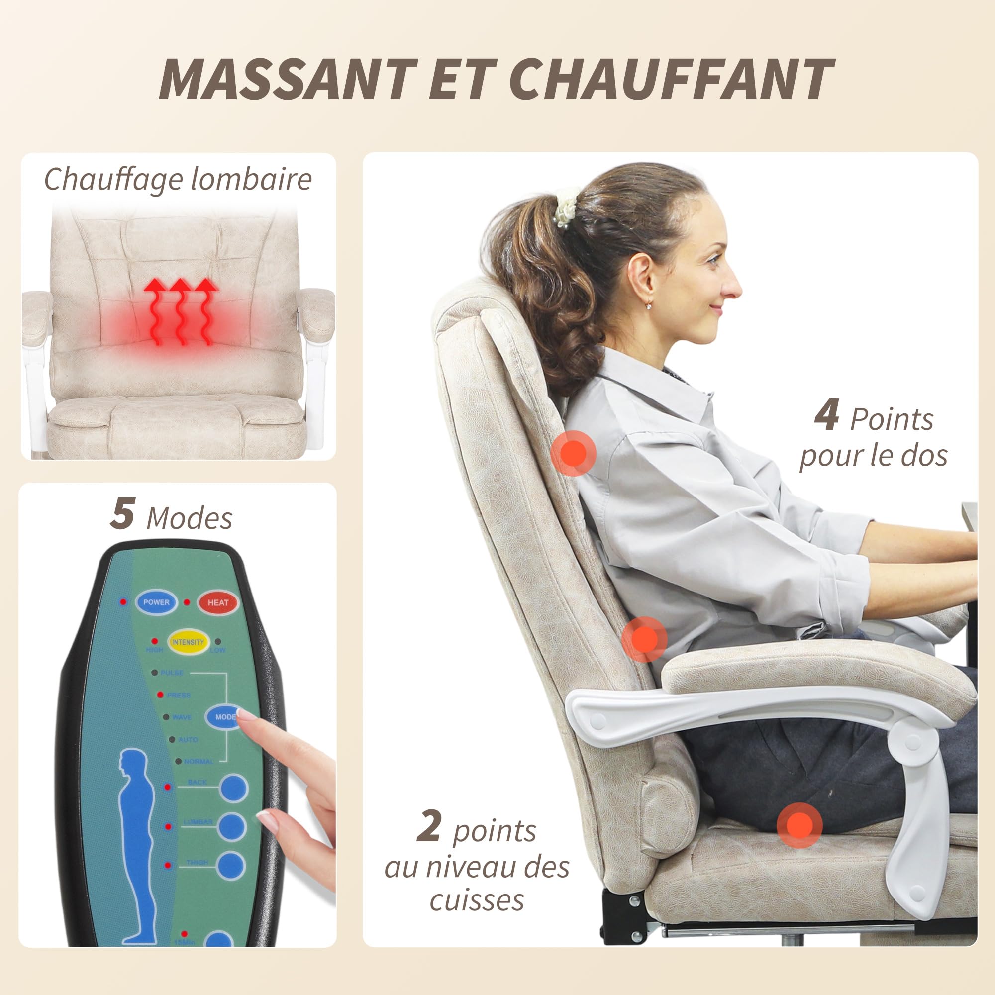 Vinsetto Poltrona da ufficio massaggiante e riscaldante, sedia da ufficio ergonomica con altezza regolabile, schienale reclinabile, poggiapiedi, telecomando cablato, girevole a 360°, tessuto in