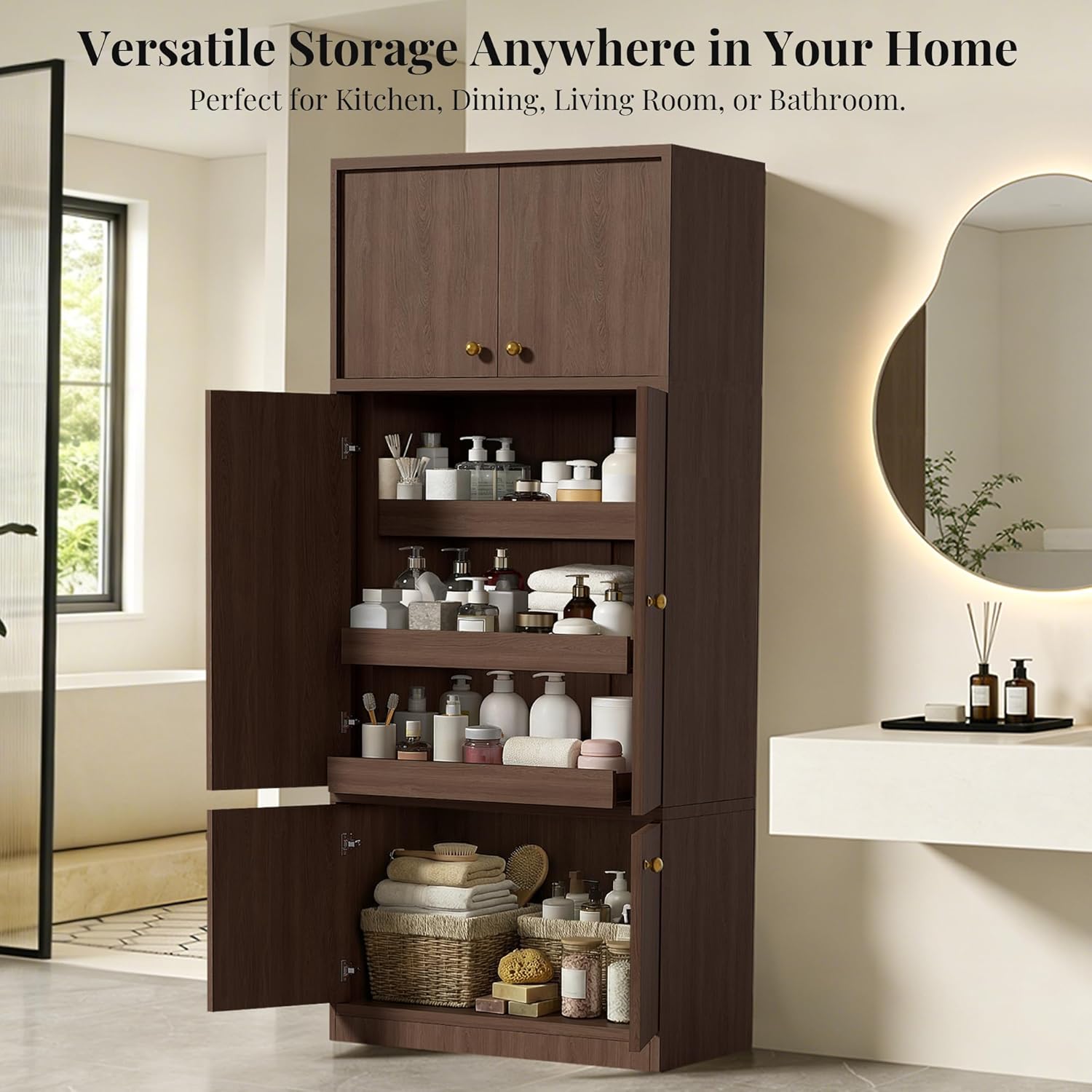 Tall Kitchen Pantry Cabinet, Freestanding Storage Cabinet with 3 Drawers & 3 Large Storage Spaces, Multi-Purpose Organizer for Kitchen Dining Entryway, Anti-Tip Design, Walnut