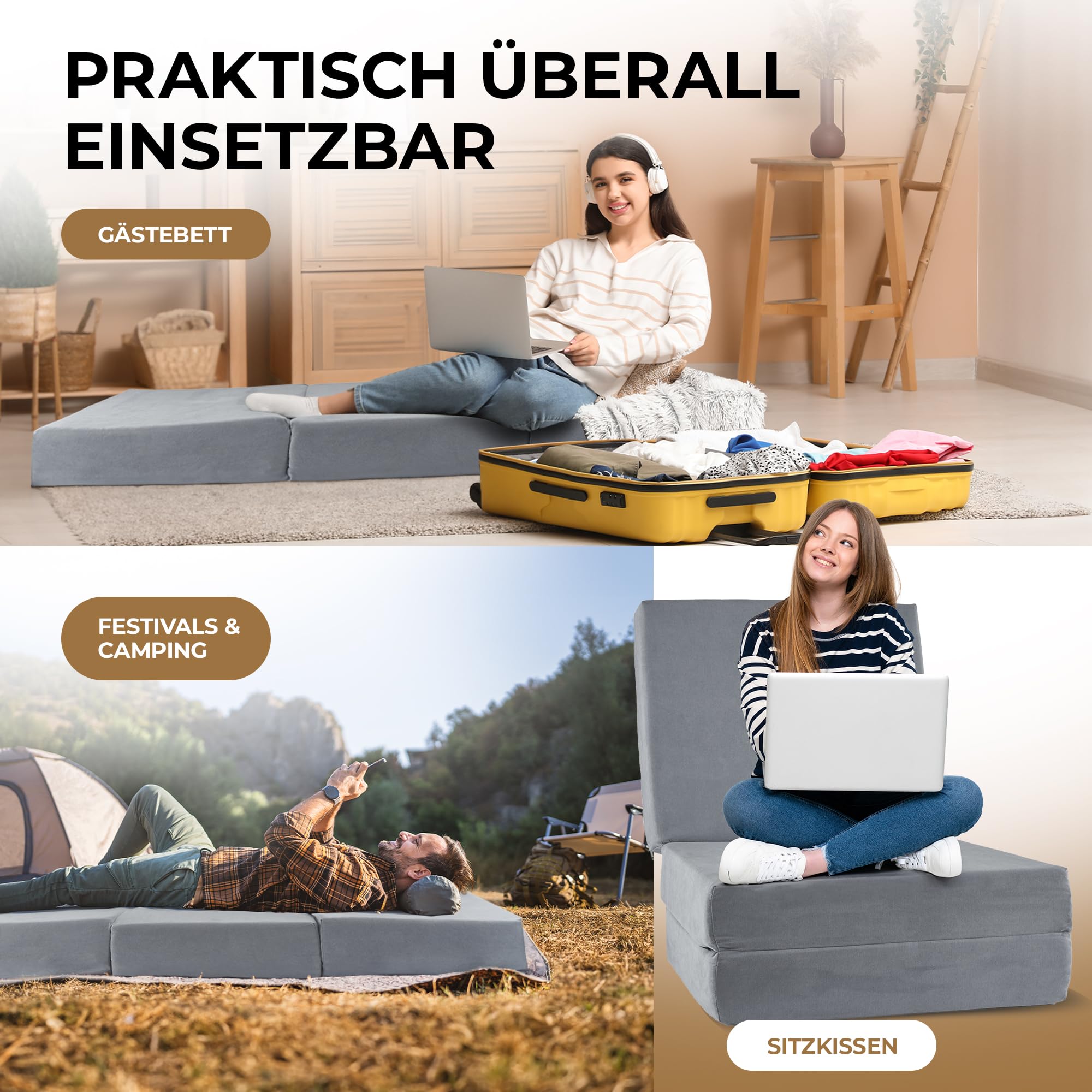 Herlag Orthopädische Klappmatratze 195x75x14cm - Extra Dickes Gästebett 14 cm hoch - Faltmatratze Härtegrad H3 Deluxe-Komfort Visco-Schaum - Faltbare Gästematratze 3-teilig - Bezug waschbar - Grau
