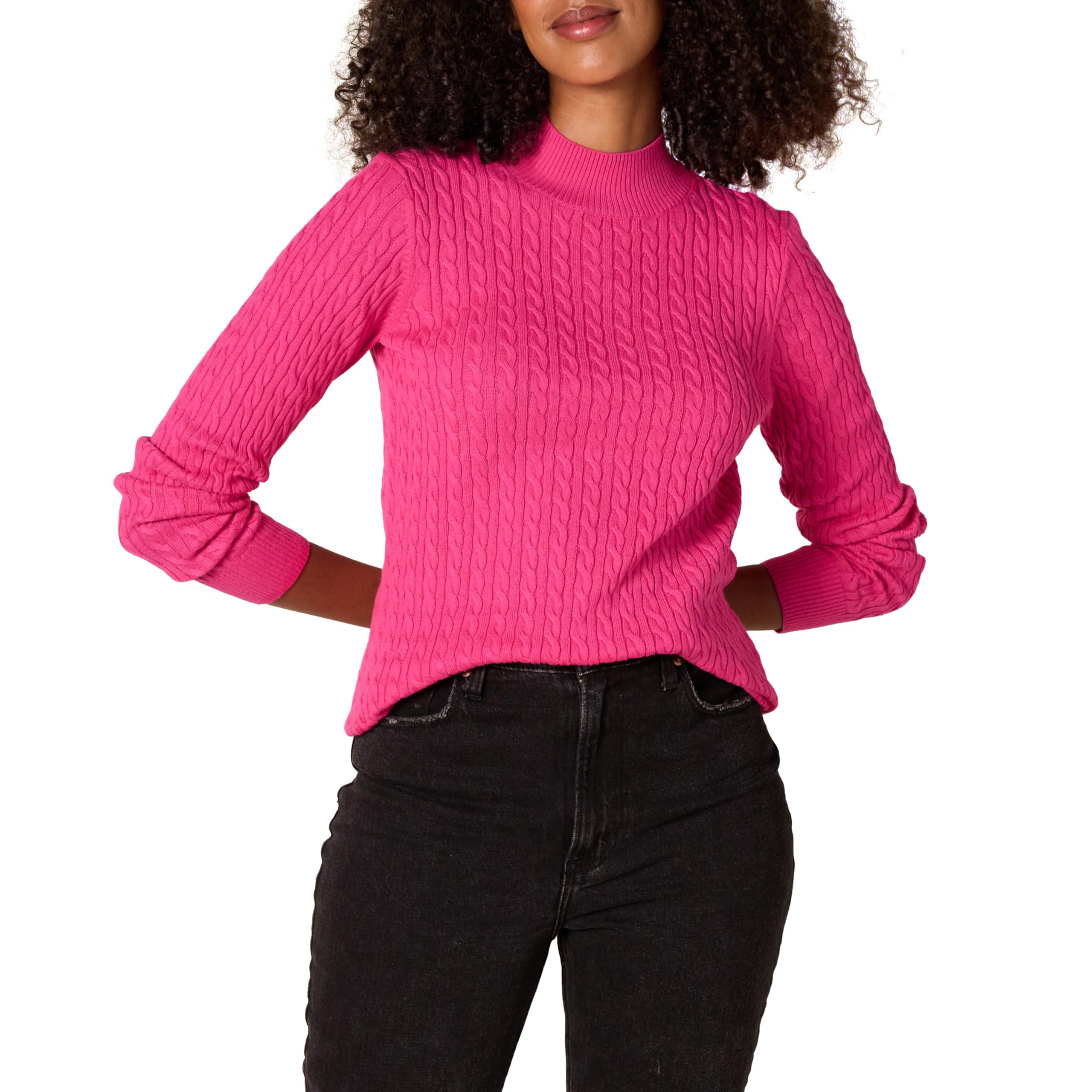 Amazon Essentials Damen Leichter Langarm-Pullover mit Stehkragen und Zopfmuster in klassischer Passform