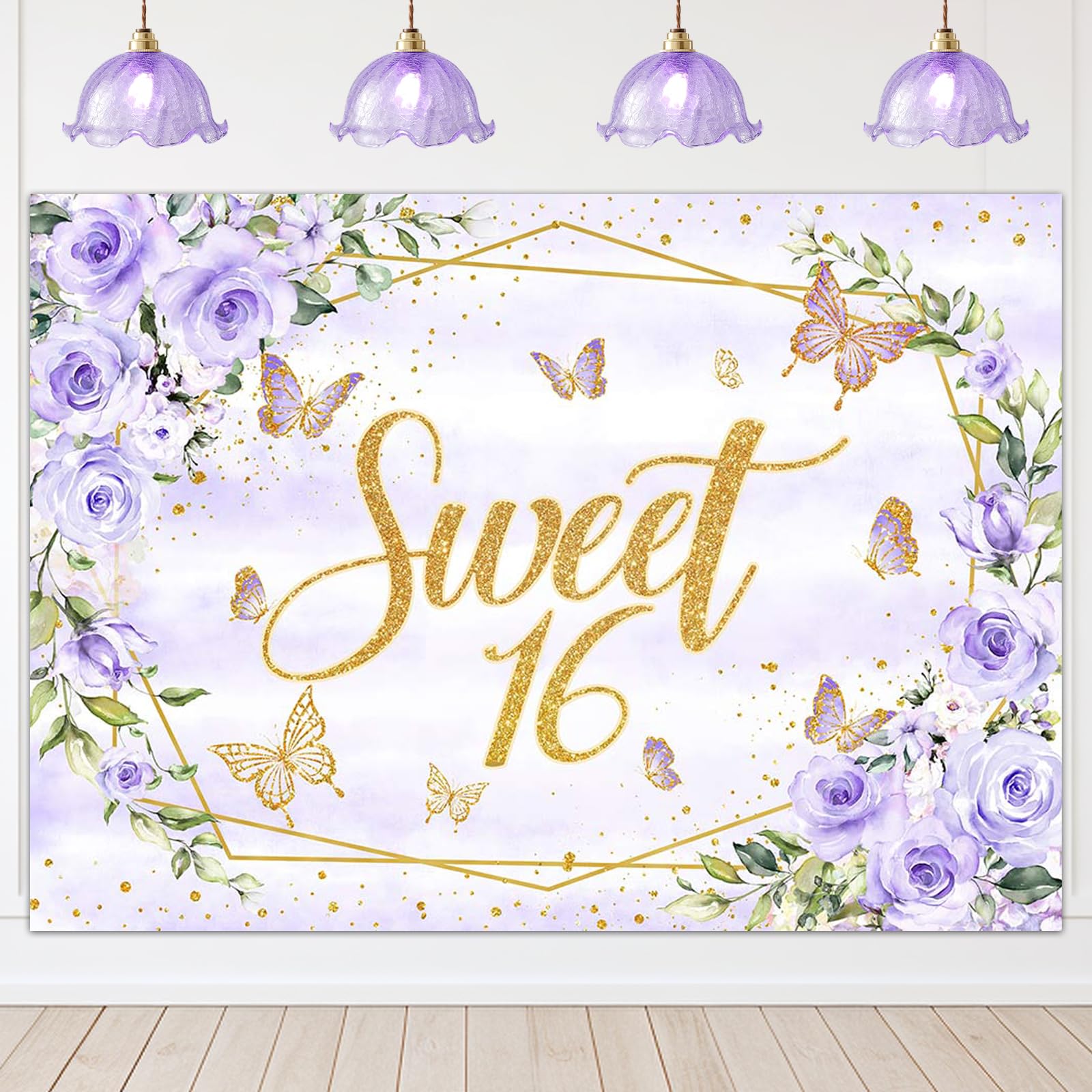 Avezano Sweet 16 Backdrop Purple Flower Butterfly Gold Dots Photography Background for Gorls Happy Birthday Sweet 16 Banner Cake Table Cake Dessert