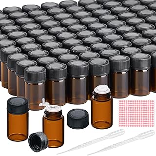 100Pcs Essential Oil Bottles - 2ml Amber Glass Vials Bottles with Orifice Reducers, Caps, Labels and Droppers - Refillable Sample Bottles for Essential Oils Perfumes DIY Aromatherapy
