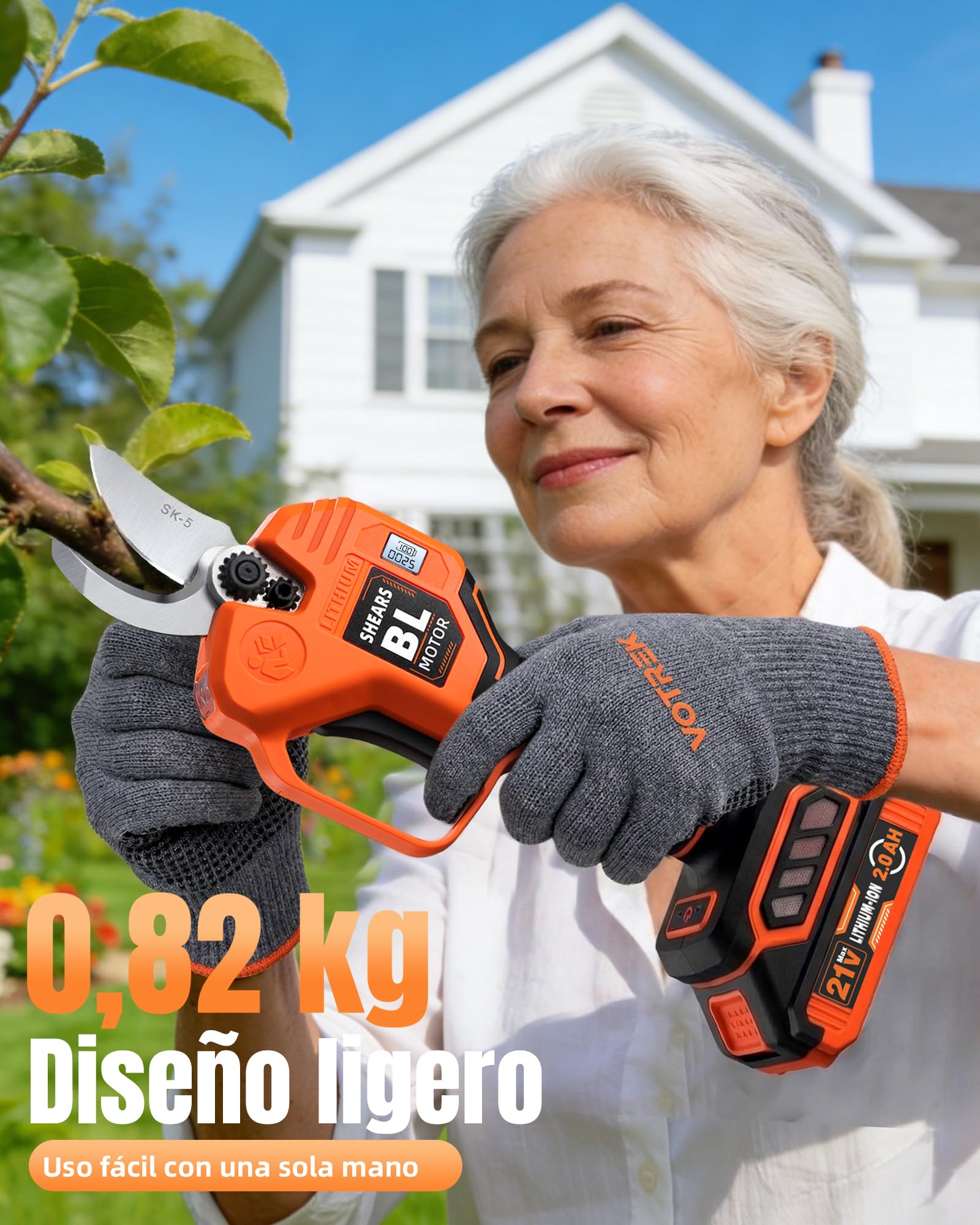 Tijeras de Podar Electricas 40mm con 2 Baterías 2,0 Ah, Motor Brushless 600W, Hoja SK5, Pantalla LED, Doble Seguridad, Mayor Autonomía para Trabajo Continuo Profesionales Eléctricas Tesoura
