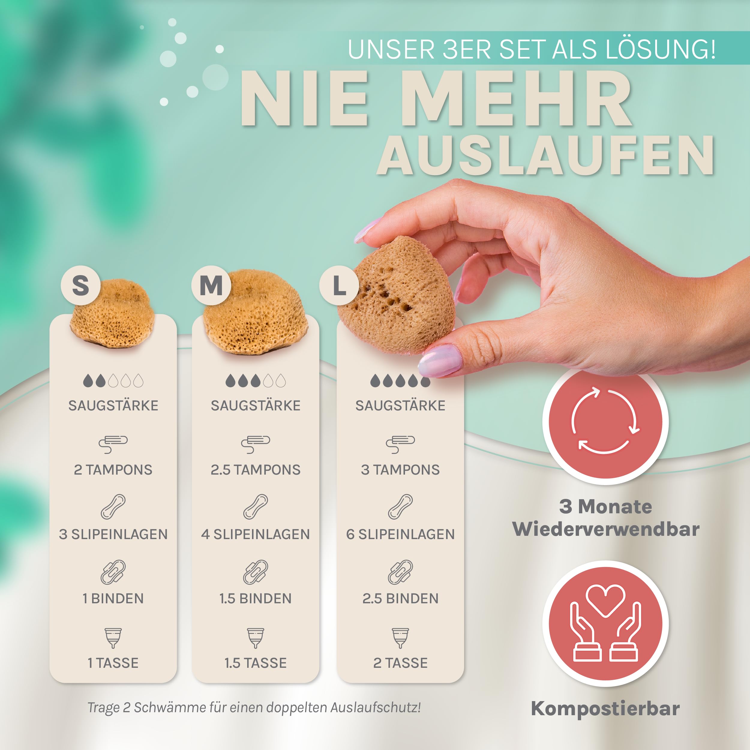Menstruationsschwamm | Alternative zum Soft Tampon | Naturschwamm als Perioden-Schwamm | wiederverwendbar | 3xM