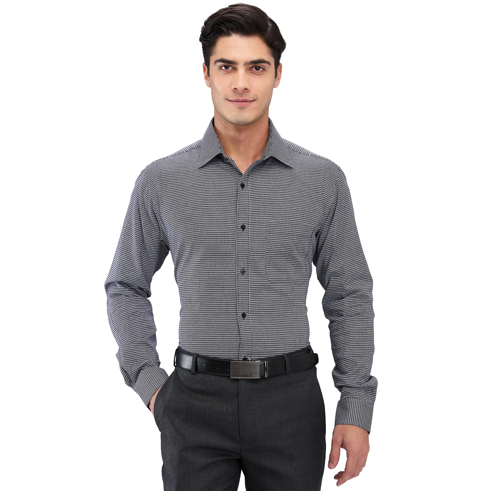 raymond Men's Slim Fit Formal Shirt | Pure Cotton Structured Weave Semi Cutaway Collar Business Wear Black-picture-27