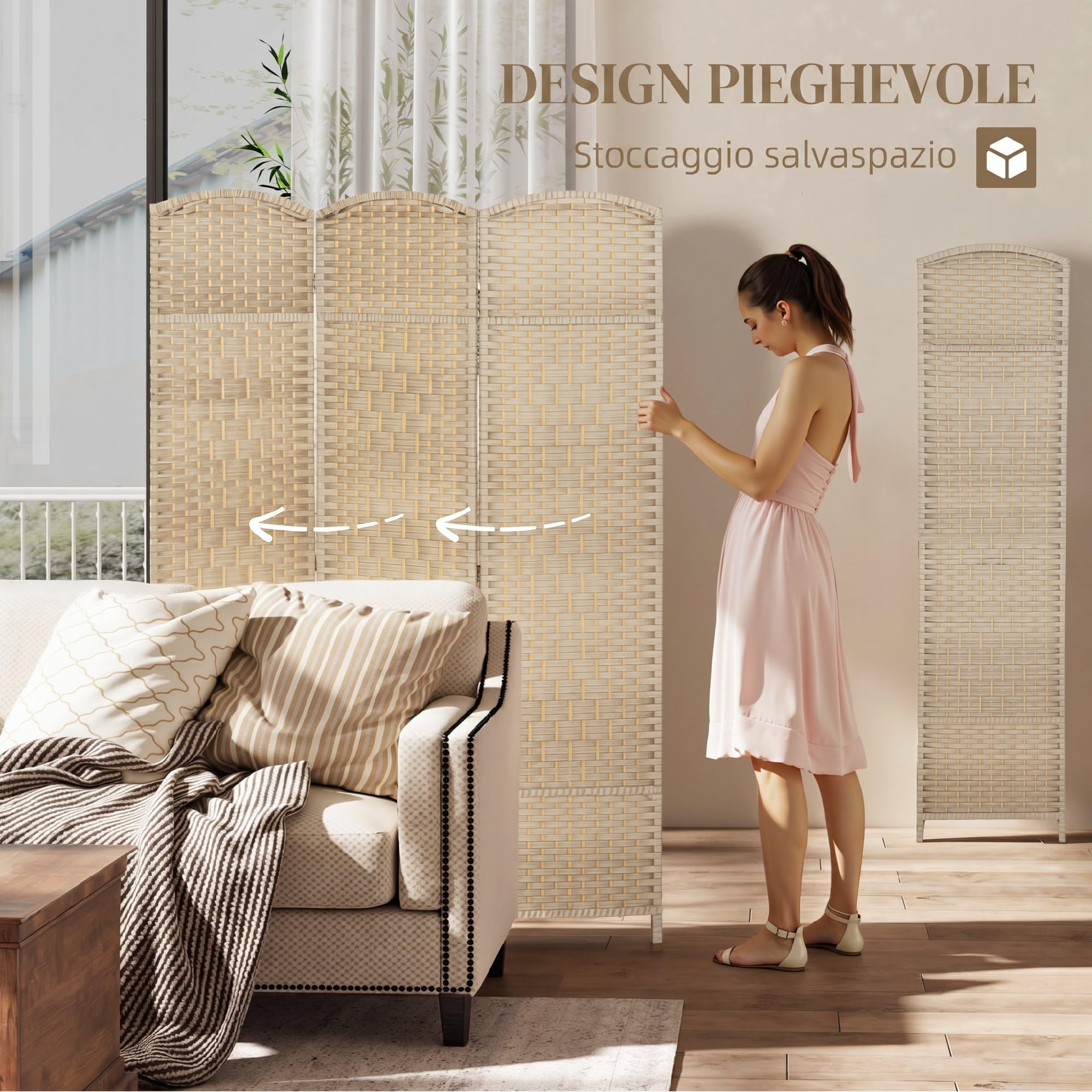 HOMCOM Paravento da Interno a 3 Pannelli 135x180 cm Rovere | Pieghevole, Separé Divisorio per Ambienti Interno, Autoportante, Intrecciato, PP e Legno di Pino, per Casa Soggiorno Ufficio