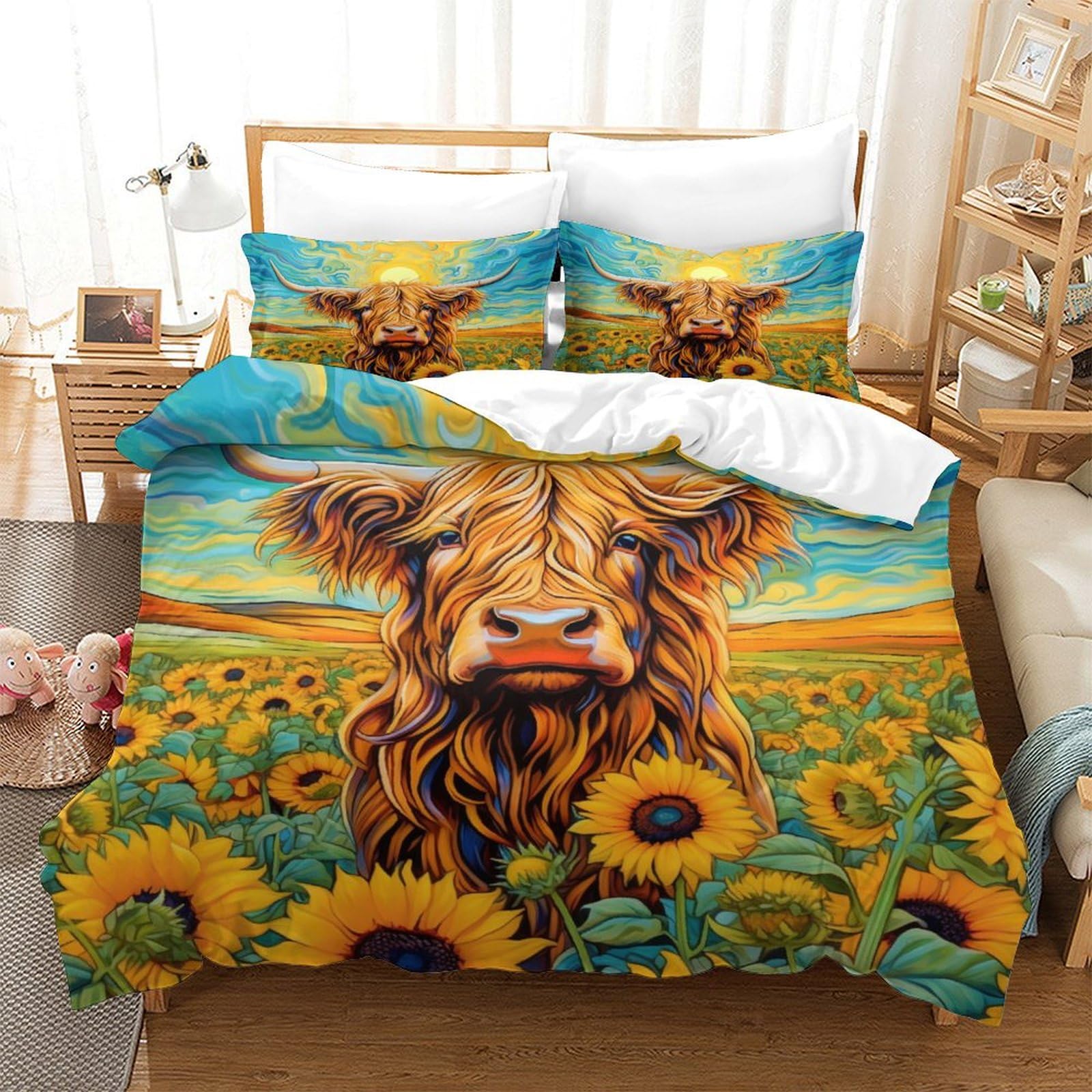 P1S9U7W5Y Sunflower Field Decor 3D Printed Cow Duvet Cover Set 3pcs Microfiber Cow Bedding Set King