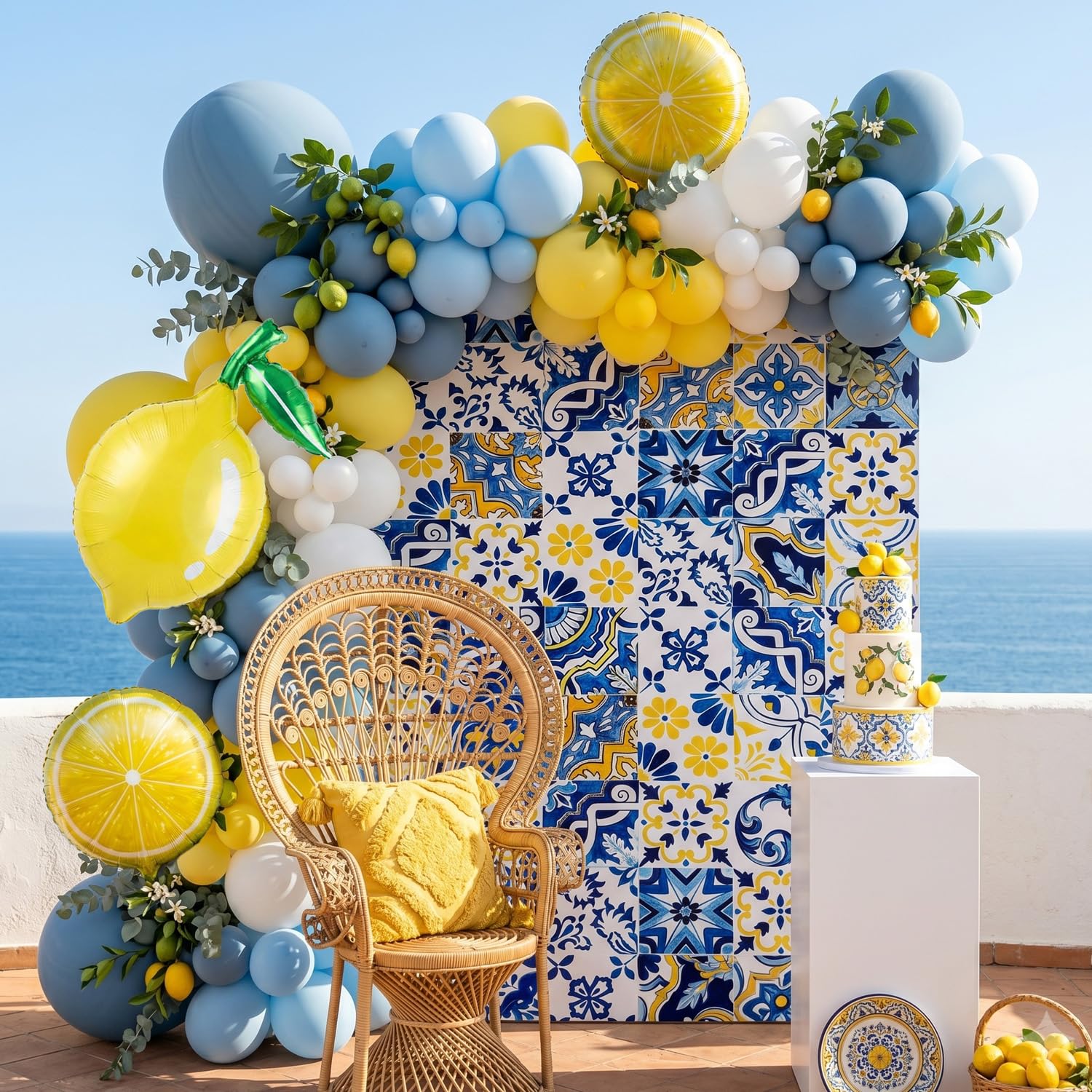 Kit per arco di palloncini blu polveroso con sfondo della Costiera Amalfitana, decorazioni per feste di compleanno estivo, festa di limonata, addio al nubilato, baby shower