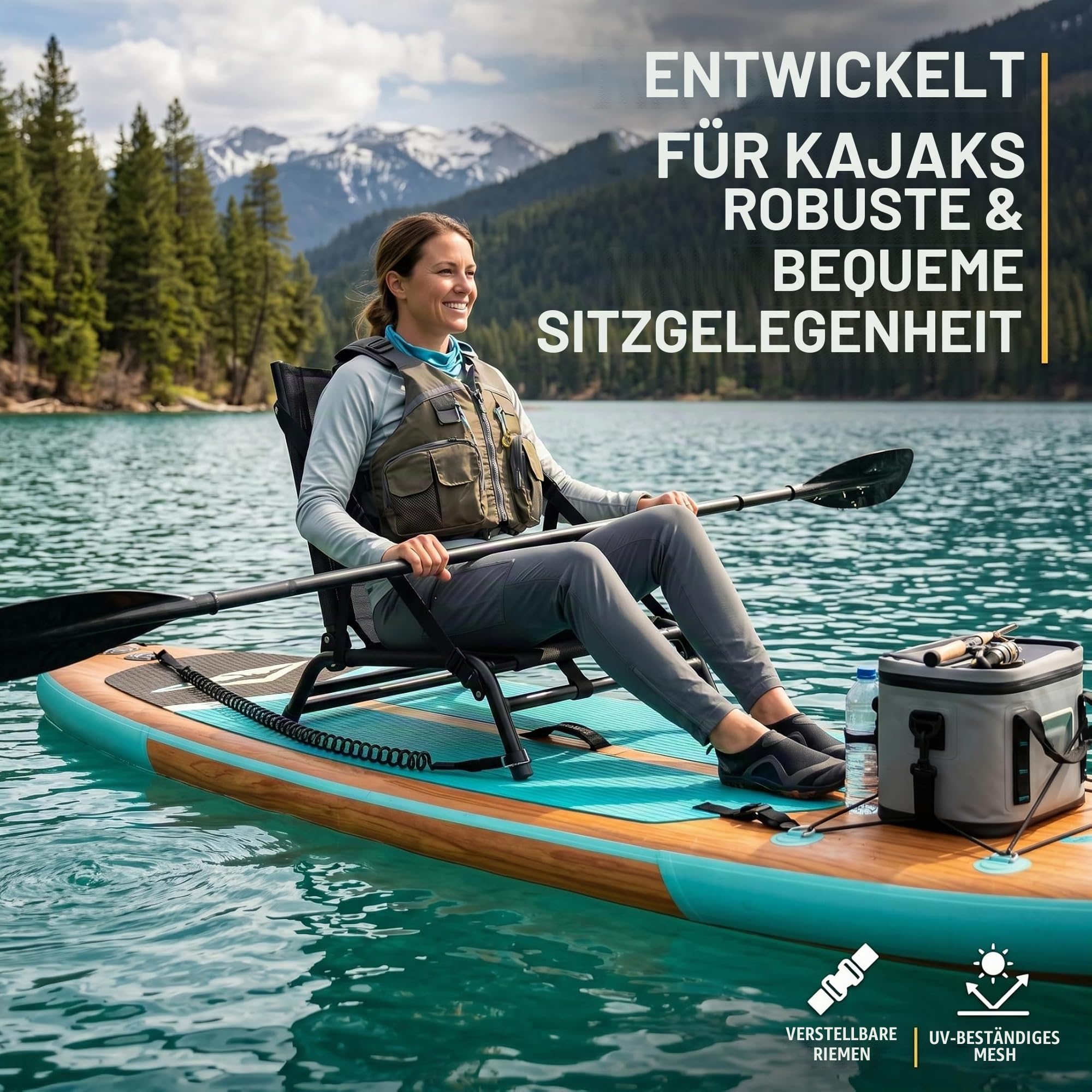 Klappbarer Kajaksitz mit Rückenstütze, tragbarer Paddle-Board-Sitz mit Aluminiumrahmen und Netz, passend für Fischerboote und Driftboote, Schwarz
