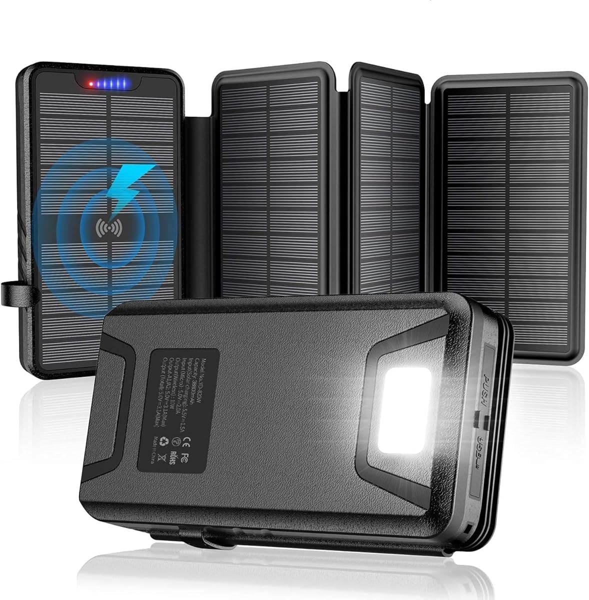 Solar Charger Power Bank - 38800mAh with Dual 5V3.1A Outputs 10W Qi Wireless Charger Waterproof Built-in 4 Solar Panel and Bright Flashlights (Deep Black)
