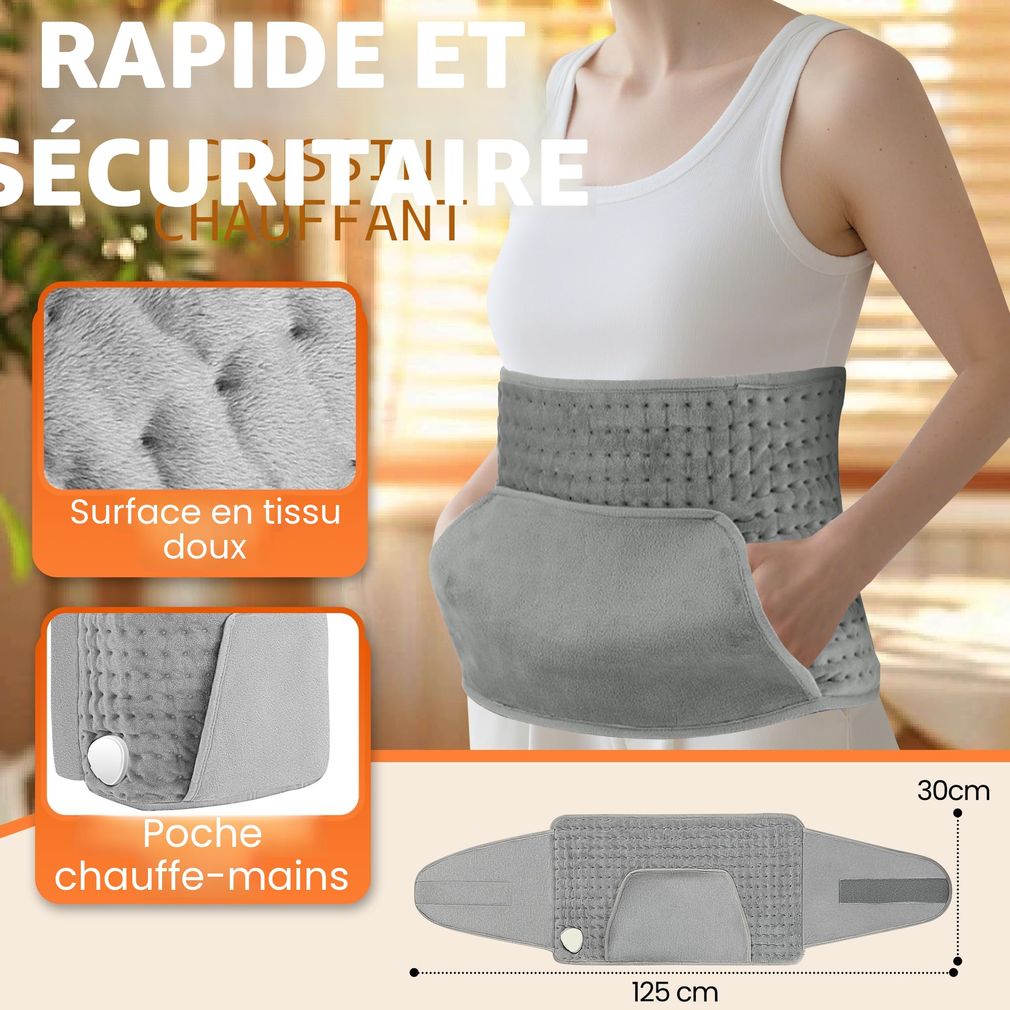 KingSom Ceinture Chauffante Lombaire avec Poche de Chauffe Main, Coussin Chauffant Électrique 125 x 30 cm, 10 Niveaux de Température et 4 Timers, Ceinture Chauffante pour le Dos, le Ventre, la Taille