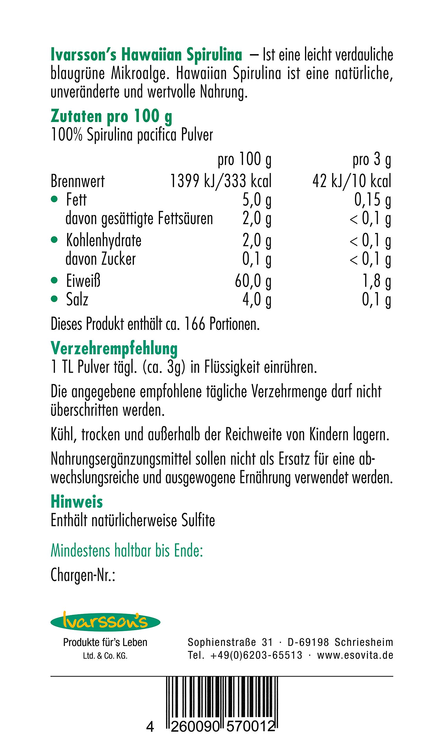 Original Hawaiian Spirulina I 500g Pulver I Ivarssons natürliches Spirulina getrocknet I Algen Pulver mit reinem Spirulina I Nachfüllpackung