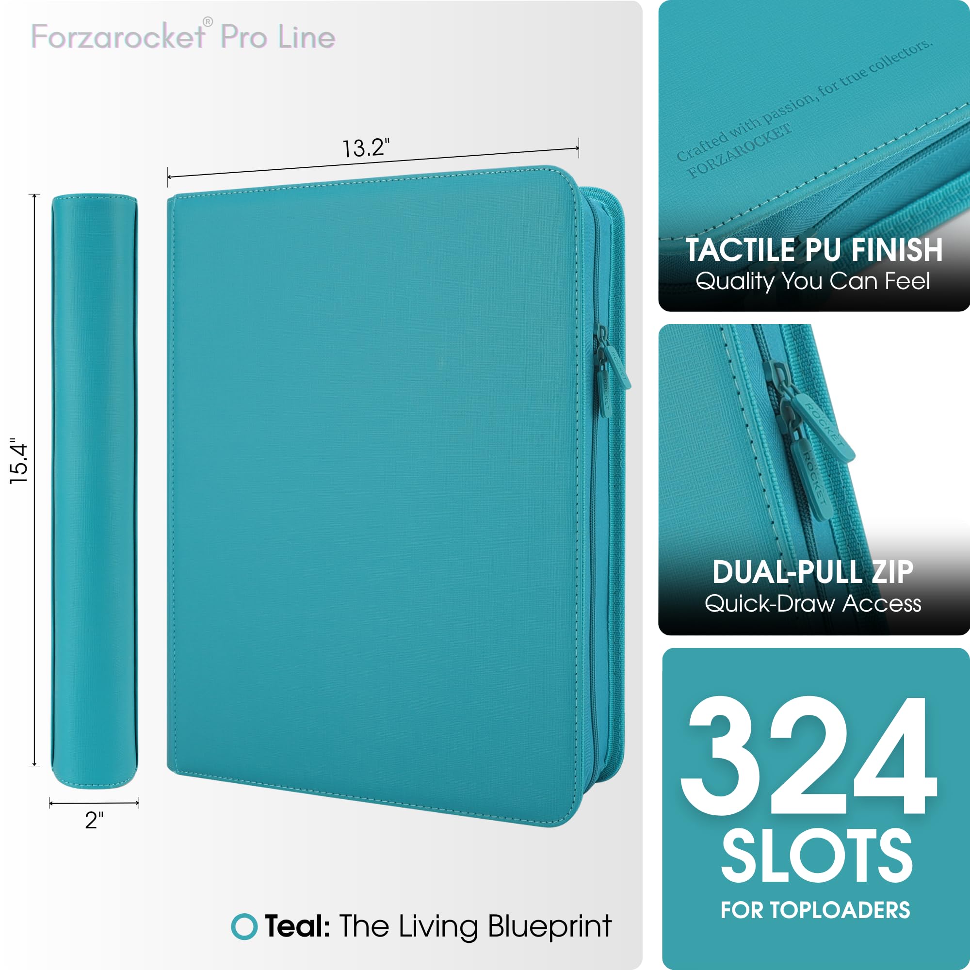 Forzarocket Classeur à chargement par le haut 324 | Album sans anneaux à fermeture éclair à 9 poches pour JCC et cartes de sport | Rangement latéral en cuir synthétique (bleu sarcelle)