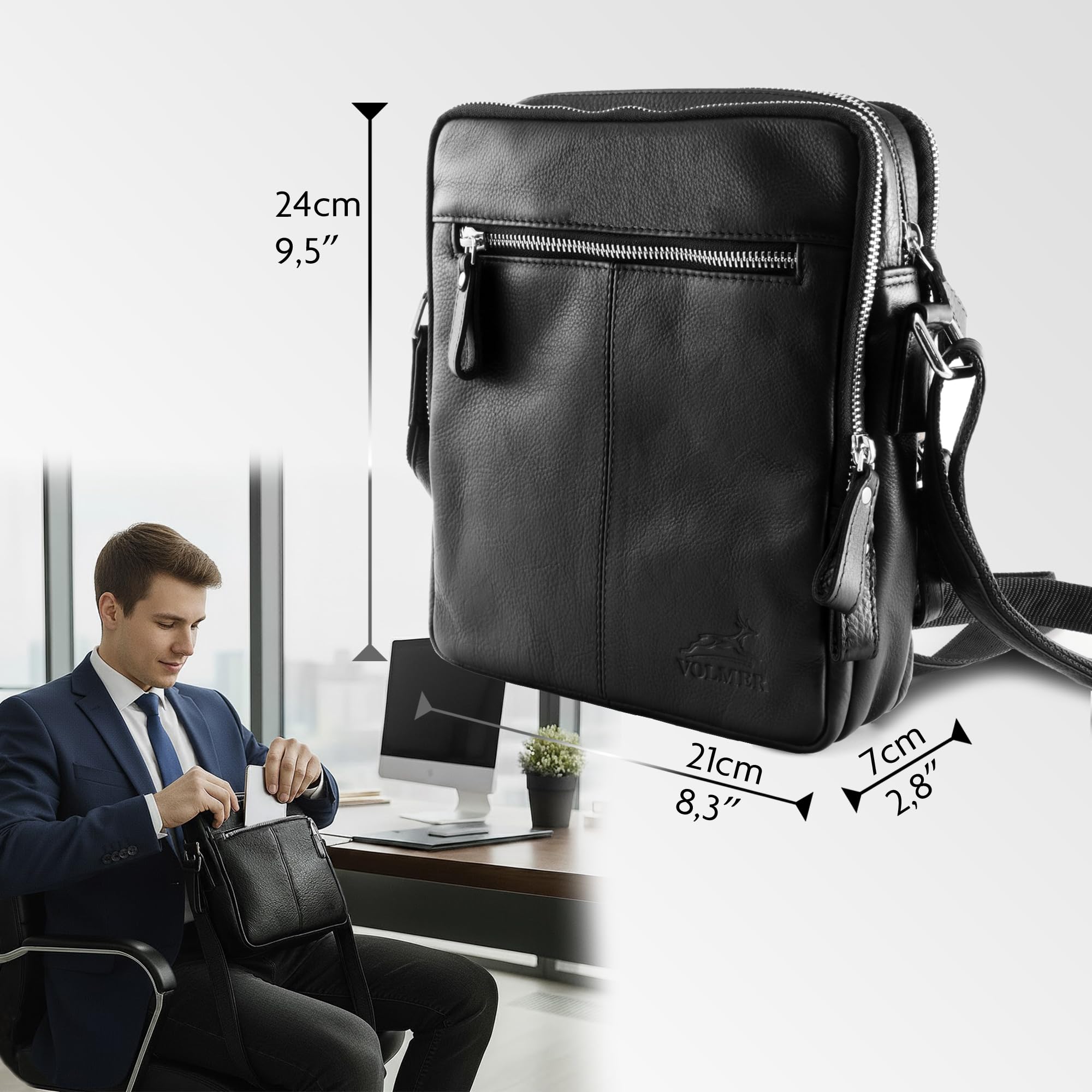 Fa.Volmer ® Echtleder Umhängetasche Herren – kleine Schultertasche, Messenger Bag für Tablet 9 Zoll, Business Tasche für Büro, Uni & Freizeit | Laredo (schwarz)