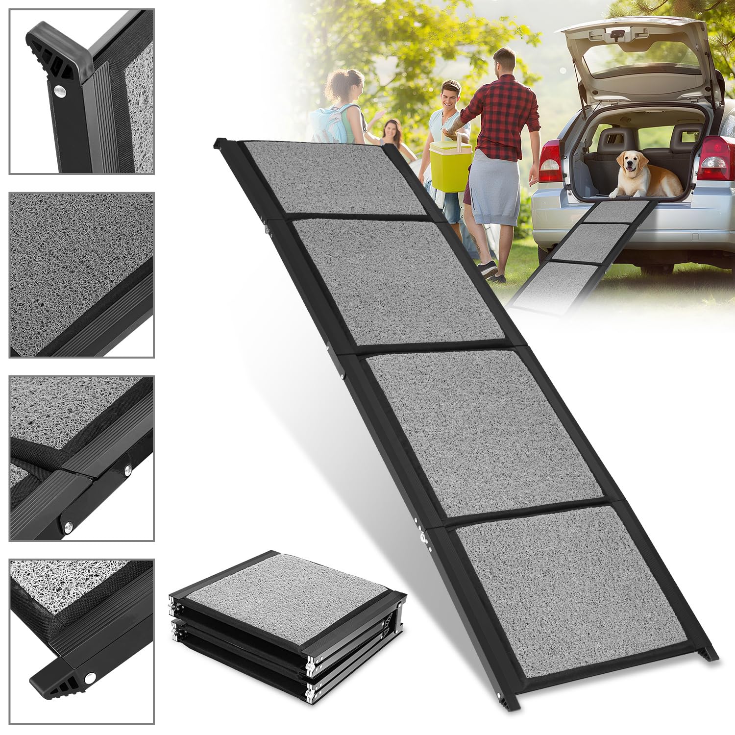 Hunderampe Auto Klappbar 170x44cm – Faltbare Hund Rampe mit Rutschfester Oberfläche aus Schlingen-Teppich – Leicht Stabil & Tragbar – Aluminium Rahmen bis 80kg ideal für SUV PKW Wohnmobil