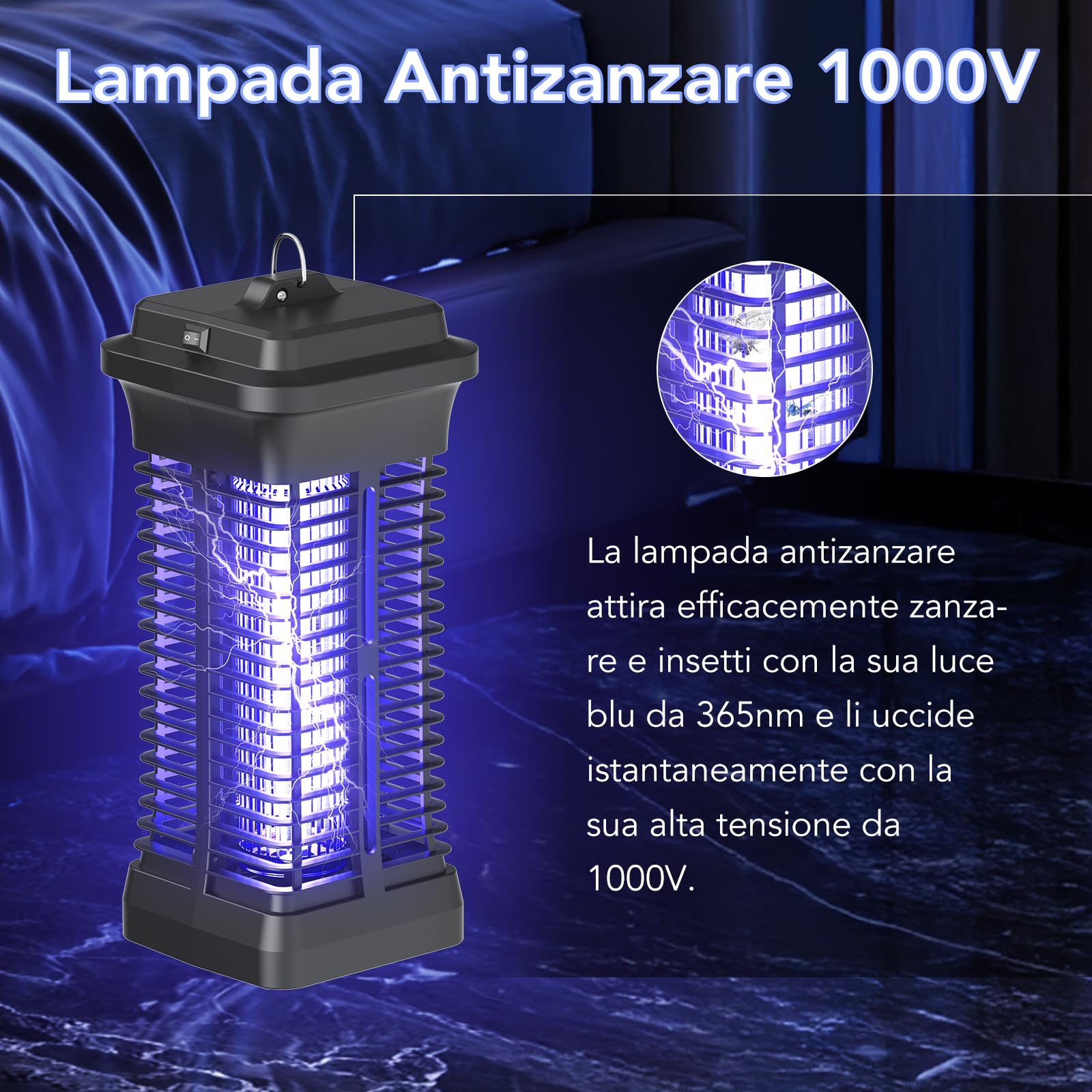 Lampada Antizanzare Elettrica 6W, Zanzariera Elettrica UV 1000V per Interni, Ammazza Zanzare e Mosche Silenzioso, Trappola per Insetti per Camera da Letto, Cucina, Ufficio