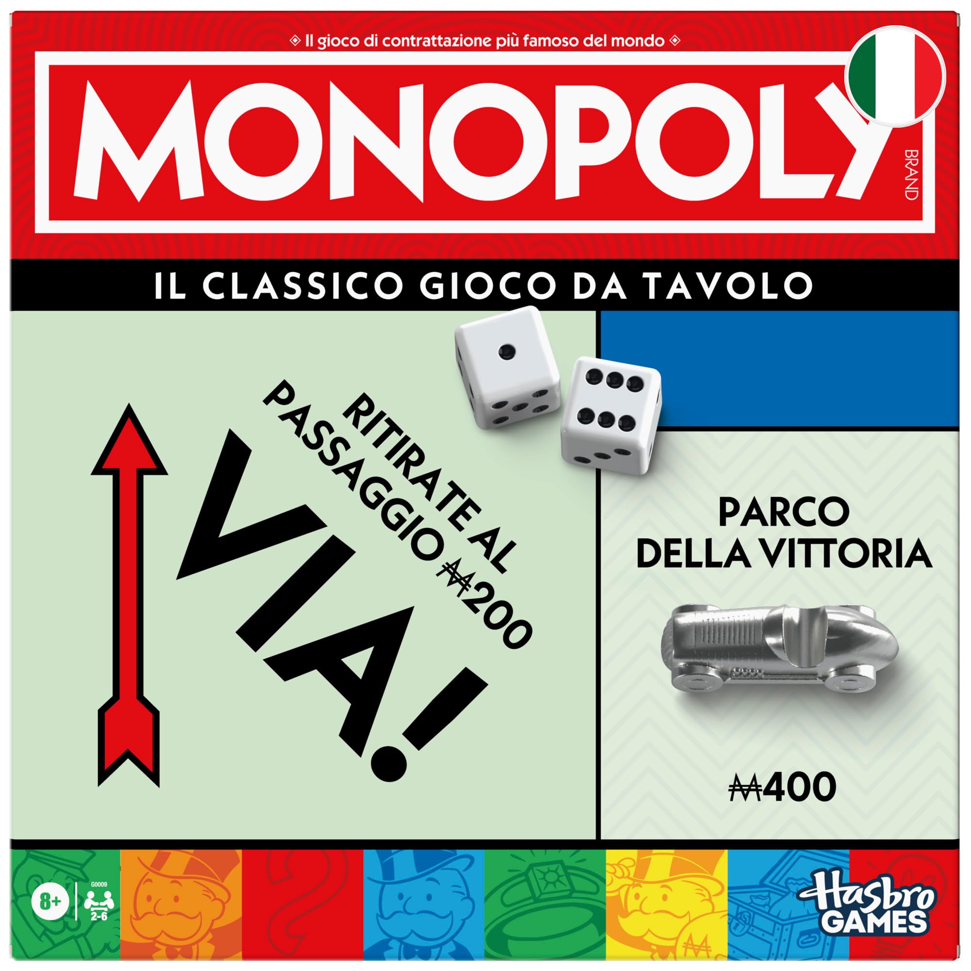 Hasbro Gaming, Monopoly, Gioco da Tavolo, Ideale per Famiglia e Amici, per Bambini e Bambine da 8 Anni in Su, Include Vaschetta Contenitore e Pedine Più Grandi, per 2-6 Giocatori, in Italiano