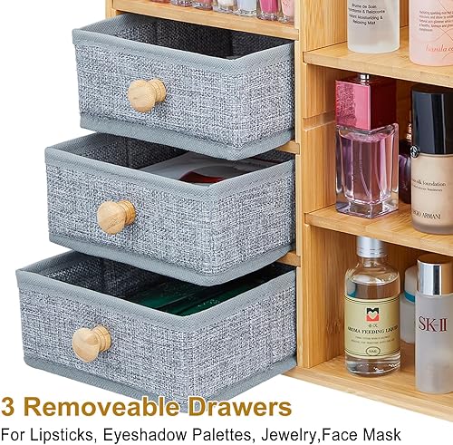 Miniatura 5 de Organizador de maquillaje con soporte para brochas para tocador, organizador grande de bambú para encimera de baño y almacenamiento, organizador de