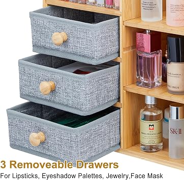 Large Makeup Organizer For Vanity, Large Capacity 3 Tiers Bamboo Bathroom Counter Organizers and Storage, Countertop Makeup Brush Holder, Nail Polish Perfume Stand with 3 Drawers and 10 Compartments