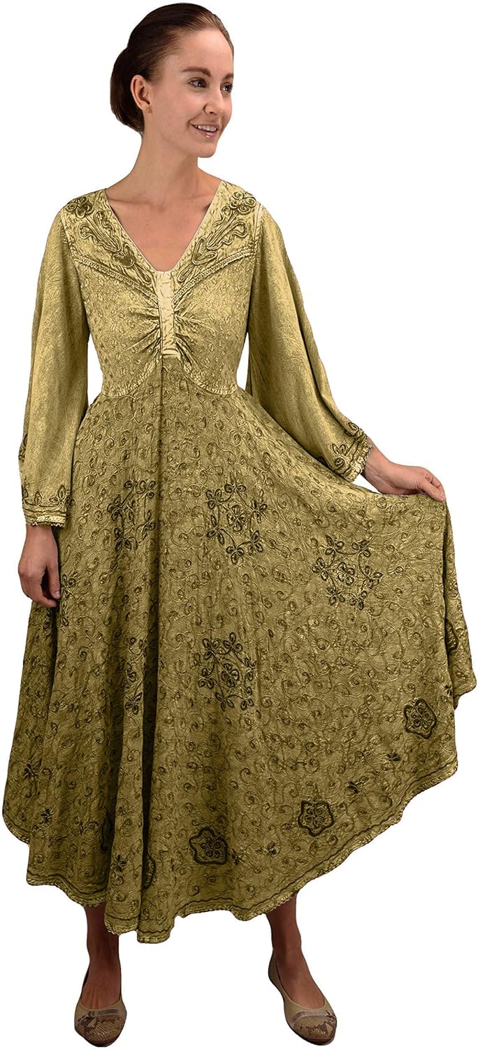 Agan Traders Women's 2025 Winter Bohemian Medieval Renaissance Embroidered Bell Sleeve Flared Calf Length Dress Gown - Image 2