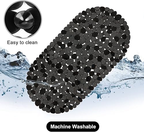 Miniatura 5 de WELTRXE Pebbles - Tapete de baño antideslizante para bañera, color negro, con ventosas, agujeros de drenaje para duchas de baño, bañera, lavable a