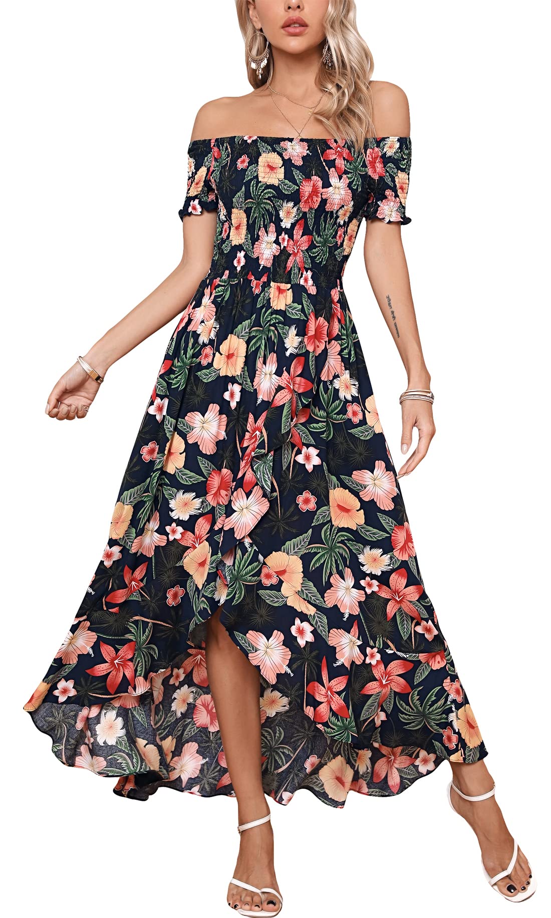 KormeiWomen Short Sleeve Off Shoulder Floral High Low Flowy Summer Party Long Maxi Dress