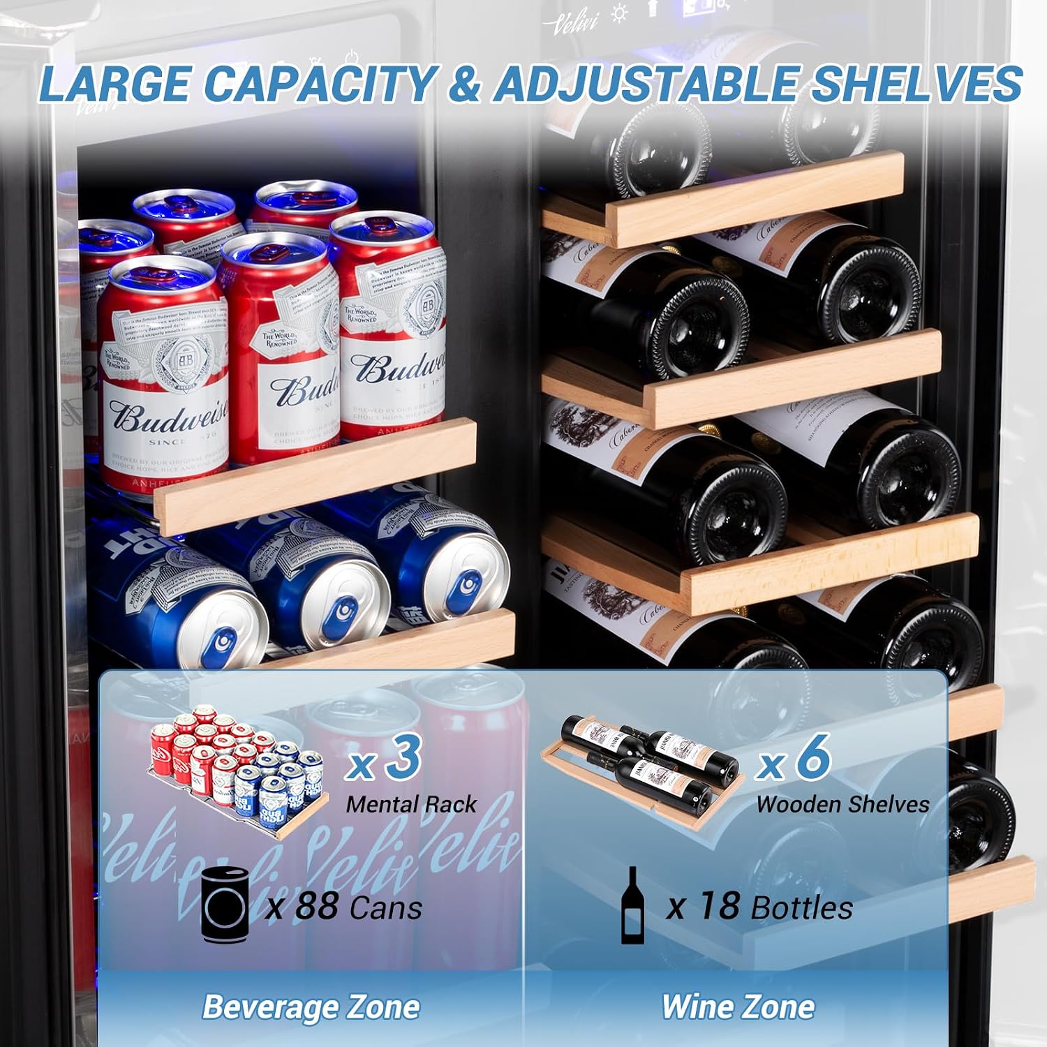 Velivi 24 Inch Wide Beverage Refrigerator, Dual Zone Wine and Beverage Cooler Under Counter, 18 Bottles and 68 Cans Large Capacity for Beer Soda Drink, Built-In or Freestanding for Home Bar Kitchen
