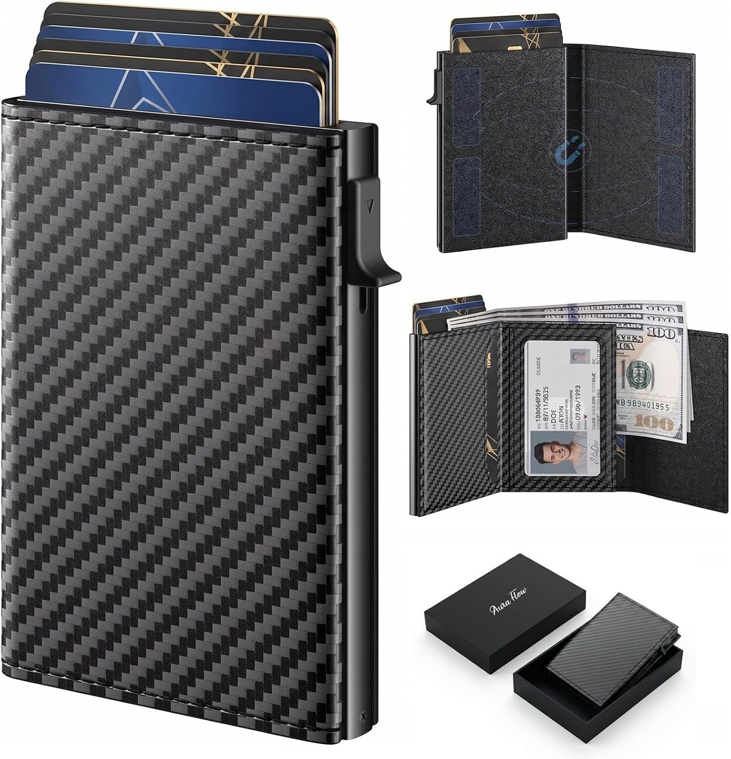 Aura Flow RFID Metal Trifold Wallet for Men, Automatic Lock, Black | Slim minimalist pop-up card holder, rigid carbon fiber style, ID window and cash slot, magnetic closure, versatile design