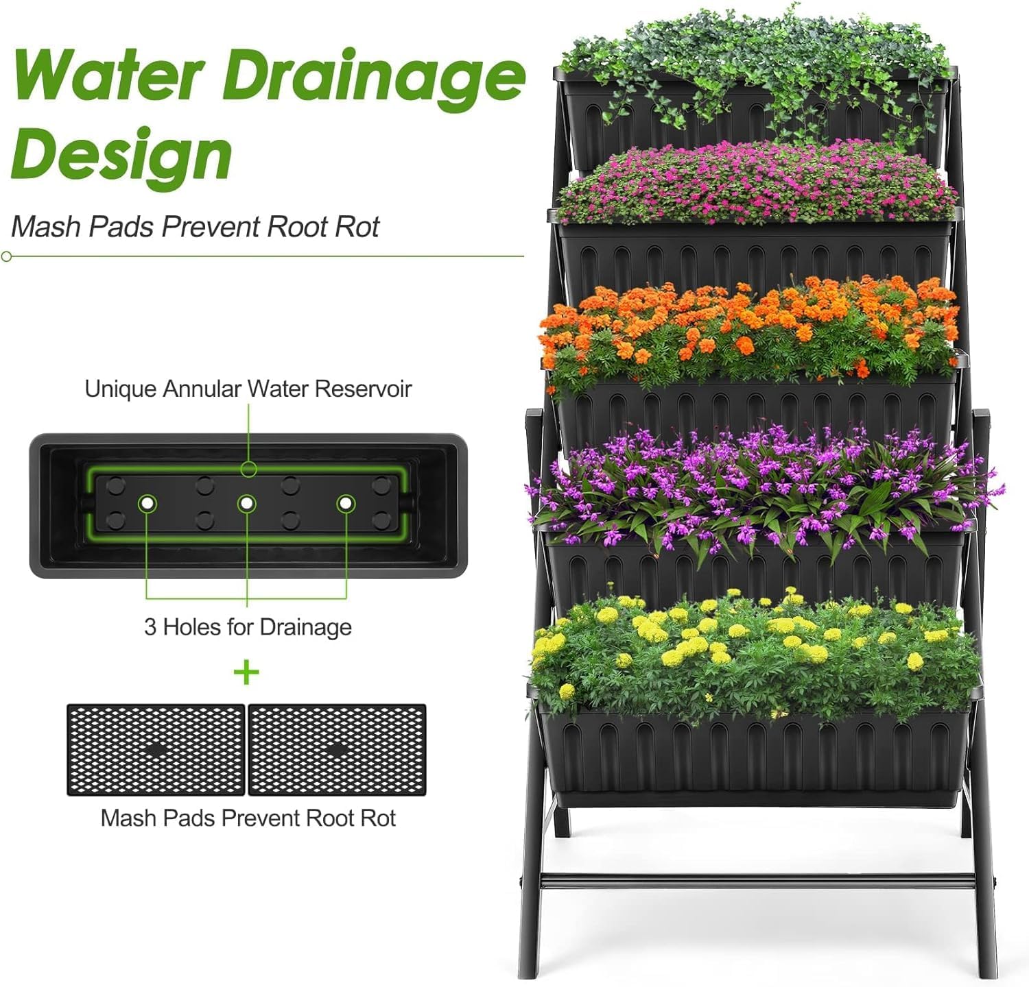 Suyncll 2 Pack Vertical Raised Garden Bed, 5 Tiers Elevated Planter Box with Drainage System and 4 Hooks, 4FT Vertical Planter for Herbs Vegetables Flowers, Black