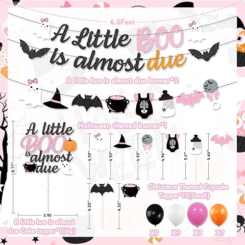 Miniatura 3 de K KUMEED Decoraciones de Halloween rosa y naranja para baby shower, pancarta con texto en inglés "A Little Boo is Almost Due Banner,Cute Ghost Baby