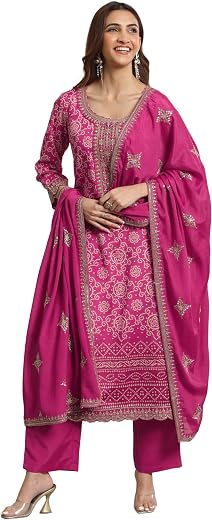 Libas Printed Chinon Straight Kurta With Palazzo and Dupatta