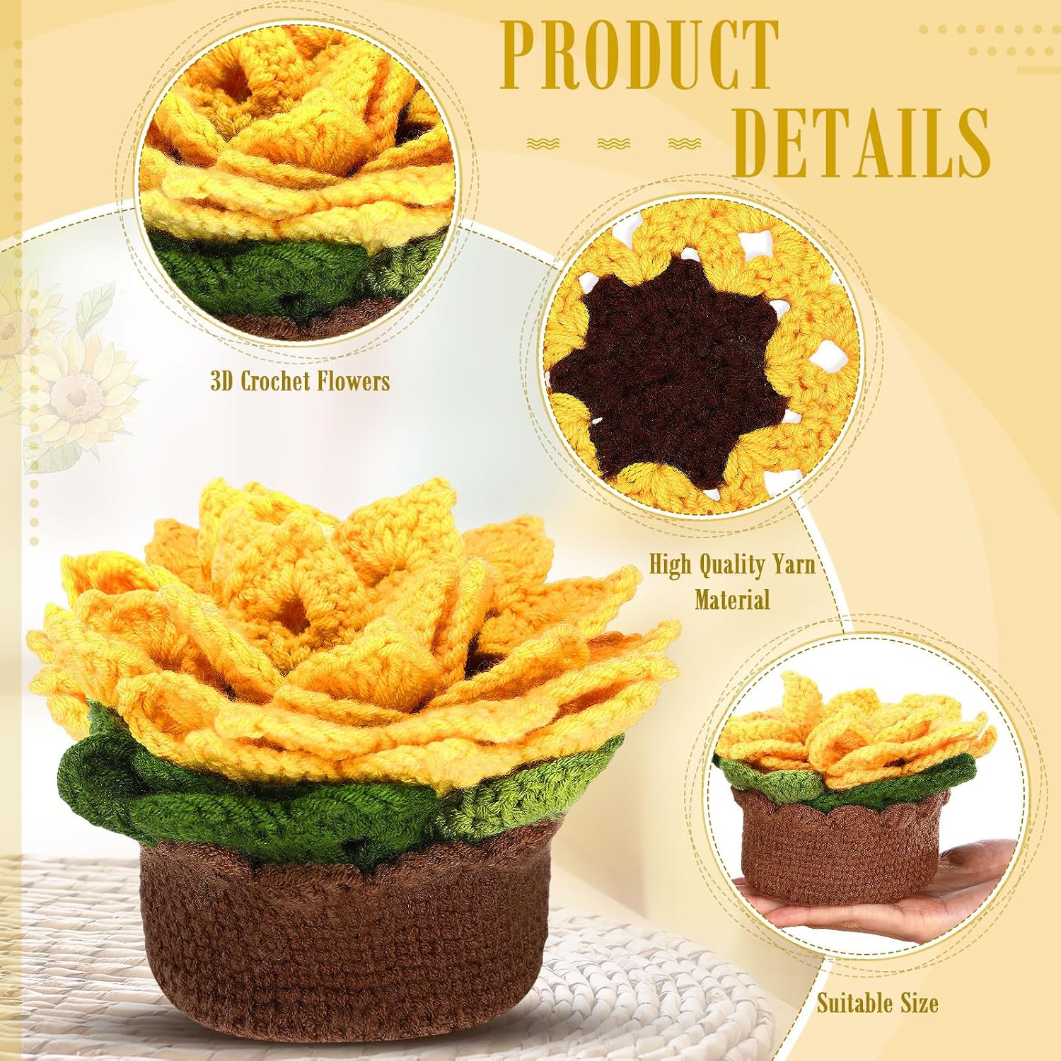HunnmingRe 15 Pcs 3D Cute Crochet Flower Coasters Set, Spring Summer Floral Table Coasters with Plant Pot Holder, Soft Decorative Cup Mat, Housewarming Gift(Yellow,Sunflower) image 2