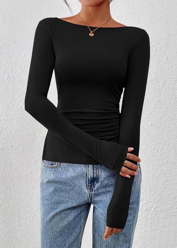 KIRUNDO Long Sleeve Going Out Tops for Women 2026 Spring Casual Boat Neck Workout Shirts Fall Fitted Side Slit Basic Tees(Black, Large) by KIRUNDO - Used condition - Image 7